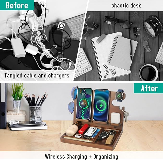 Wireless Charging Station,Wood Phone Docking Station for Men,Nightstand Organizer Charging Station with 4 Wireless Charger Fast Charging for iPhone/Samsung/Apple Watch/Earbuds,Gifts for Men