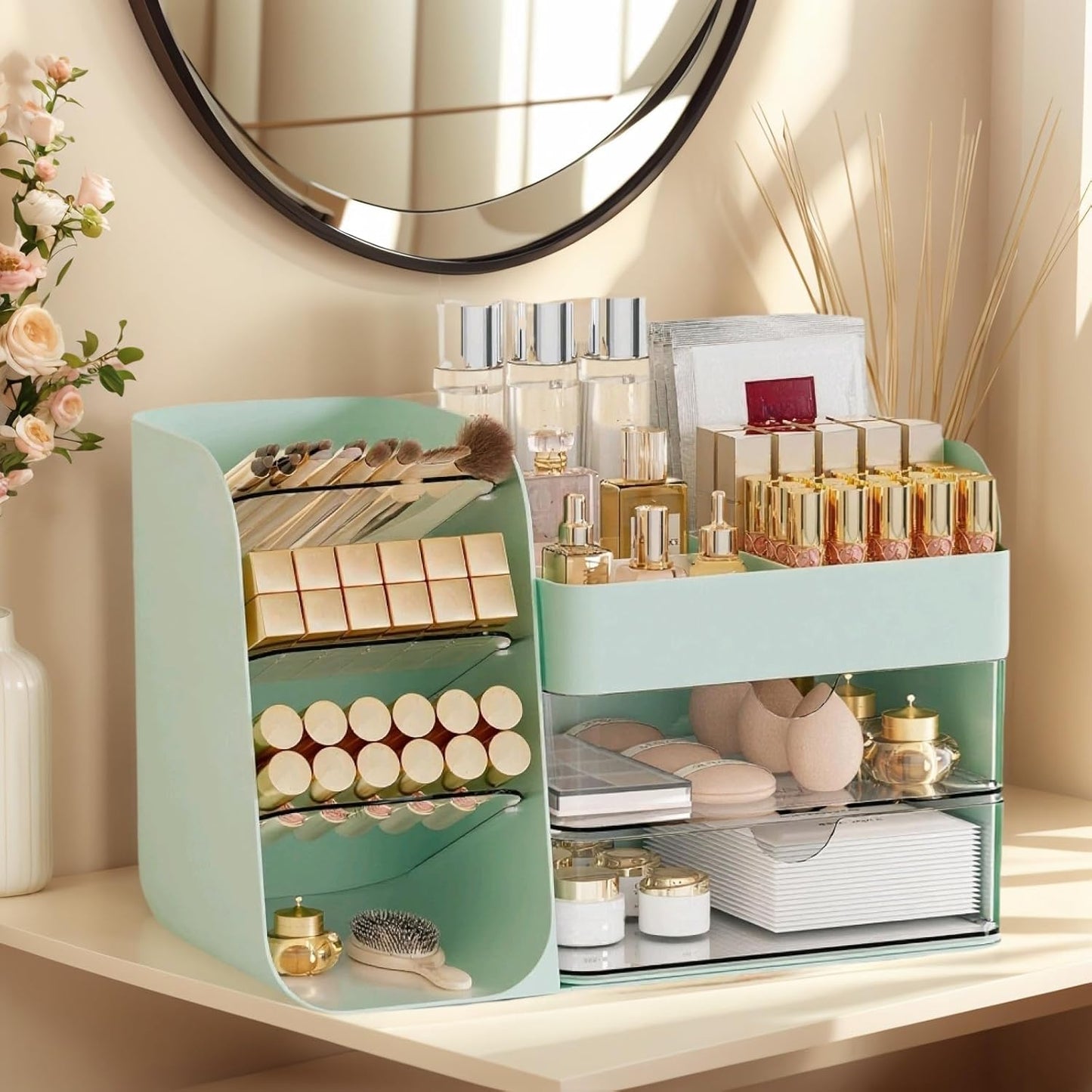 Makeup Organizer with 2 M Drawers & Brush Holders - Cosmetic Storage Case for Vanity, Bathroom Countertop & Desk - Skincare & Office Supplies Organizer (Green, M)