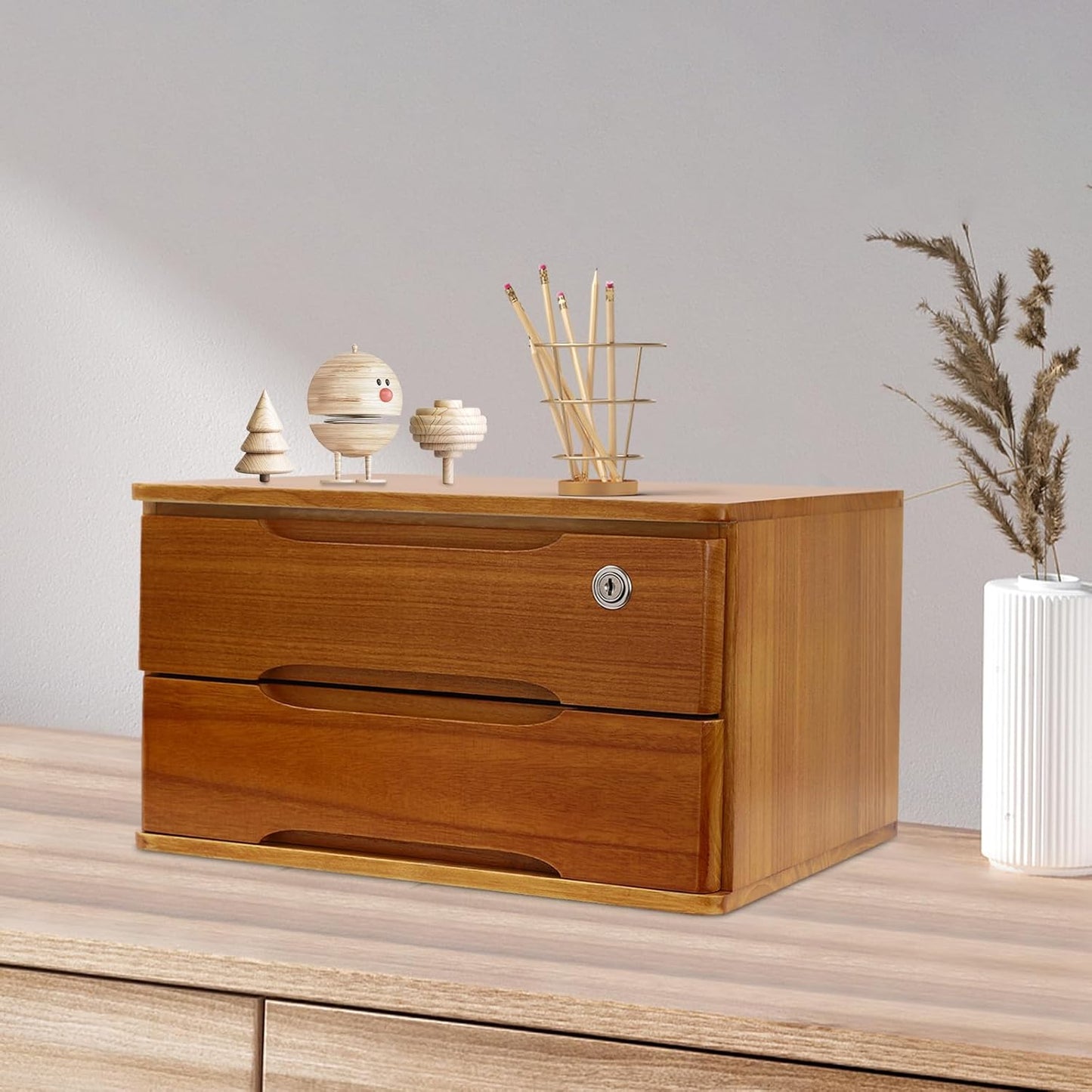 2-Tier Wooden Desktop Storage Box Desk Organizer with 2 Drawers and Lock Countertop Drawers Organizer for Office Supplies File Paper Cosmetic Jewelry, 15.4x11.8x8.5 in (Light Brown)