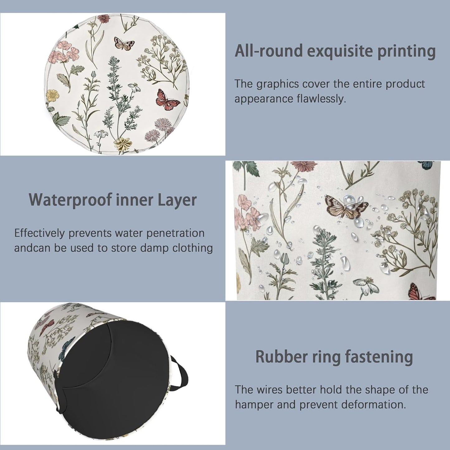 Wildflowers Butterfly Laundry Basket,Herb Plants Oxford Cloth Laundry Hamper with Handle Foldable Portable Clothes Storage Basket for Bathroom Bedroom Dorm Room 16" x 20.8"