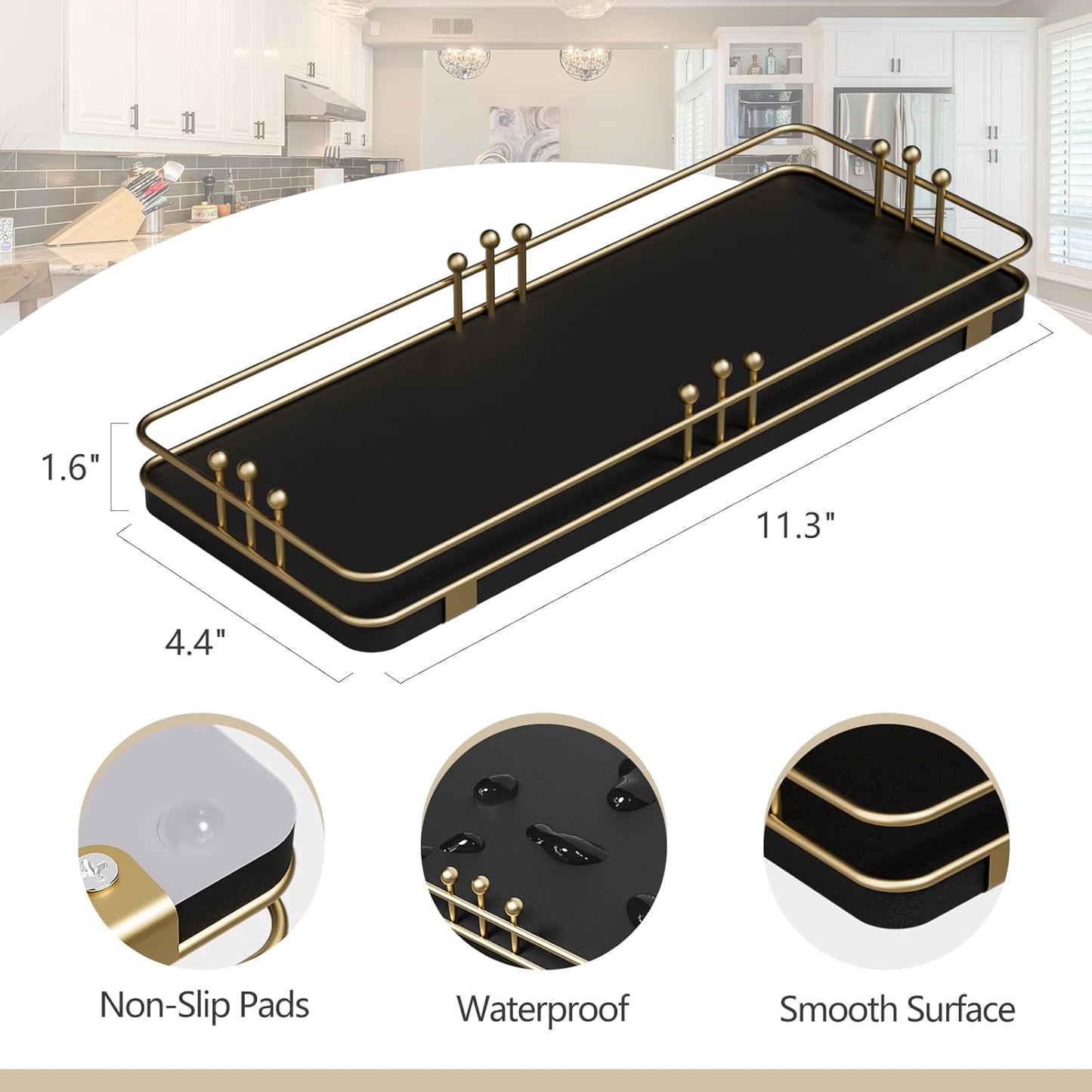 Bathroom Vanity Tray for Countertop Toiletries Perfume Makeup Soap Dispenser Toilet Tank, Kitchen Tray for Salt Spice, Decor Tray for Candle Nightstand Coffee 11.3”x 4.4” Black-Gold