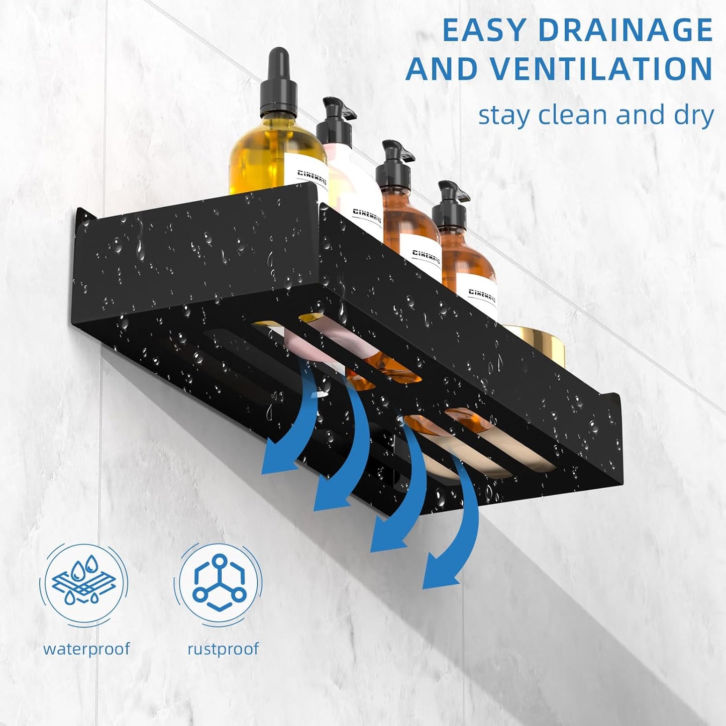 Shower Caddy Adhesive, 2 Pack Large Capacity Rustproof Shower Shelves, No Drill Bathroom Shelf with 8 Hooks, Stainless Steel Shower Organizer Rack, Black