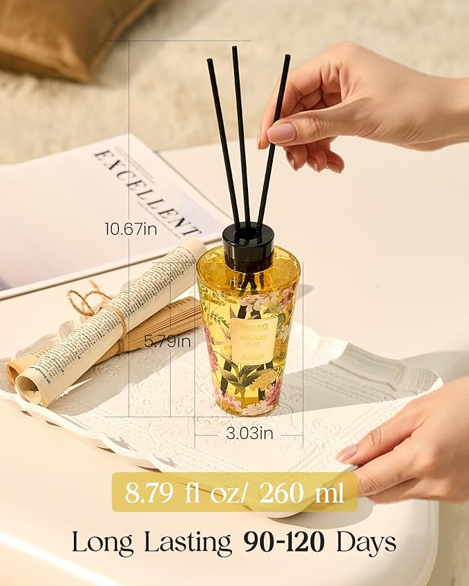 M&SENSE Orange Goji Reed Diffuser Set - 8.79fl oz Home Fragrance Non-Toxic Essential Oil Diffuser with Sticks, Air Freshner Gifts for Family Friends with Long Lasting Fragrance