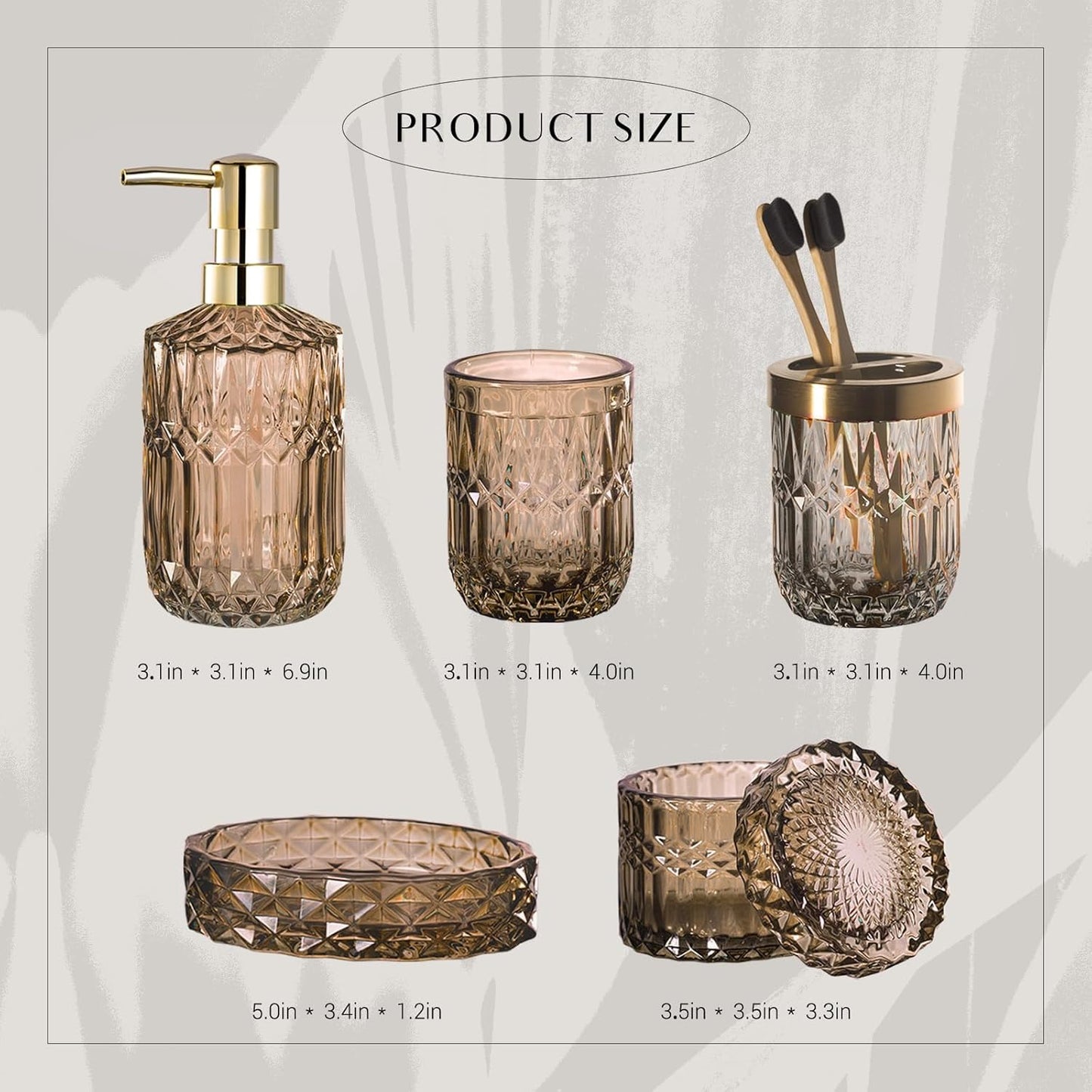 EMPO 6PCS Bathroom Clear Glass Accessories Set (Lotion Soap Dispenser, Soap Dish, Toothbrush Holder, Tumbler, Cotton Swab Jar), Contemporary Modern Decor Crystal Vintage Gift (6pcs Brown)