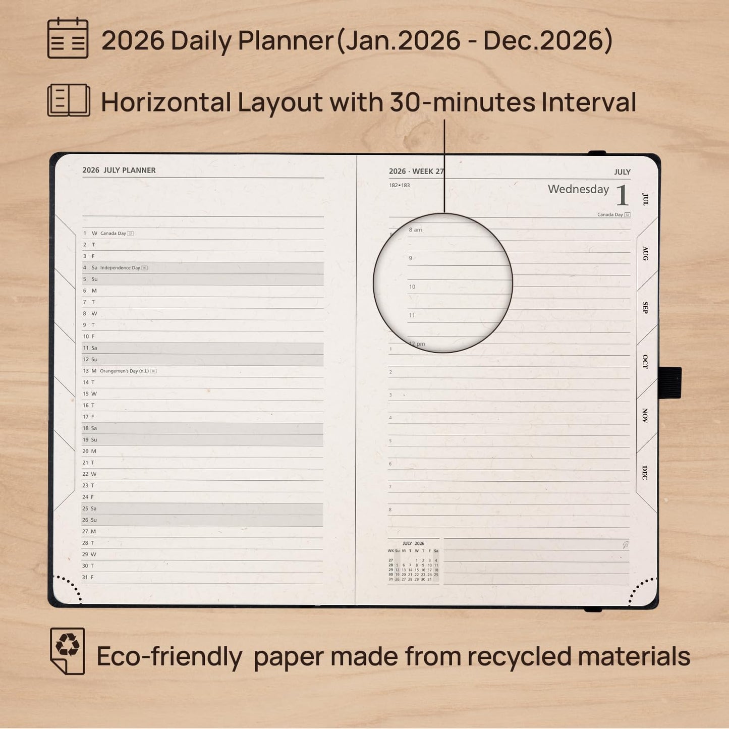 POPRUN 2026 Recycled Daily Planner 12 Months (A5 Medium Size 5.75'' x 8.5'') - One Page Per Day Calendar Hourly Appointment Book with Italian Regenrated Leather, Monthly Tabs, Pocket - Desert Brown