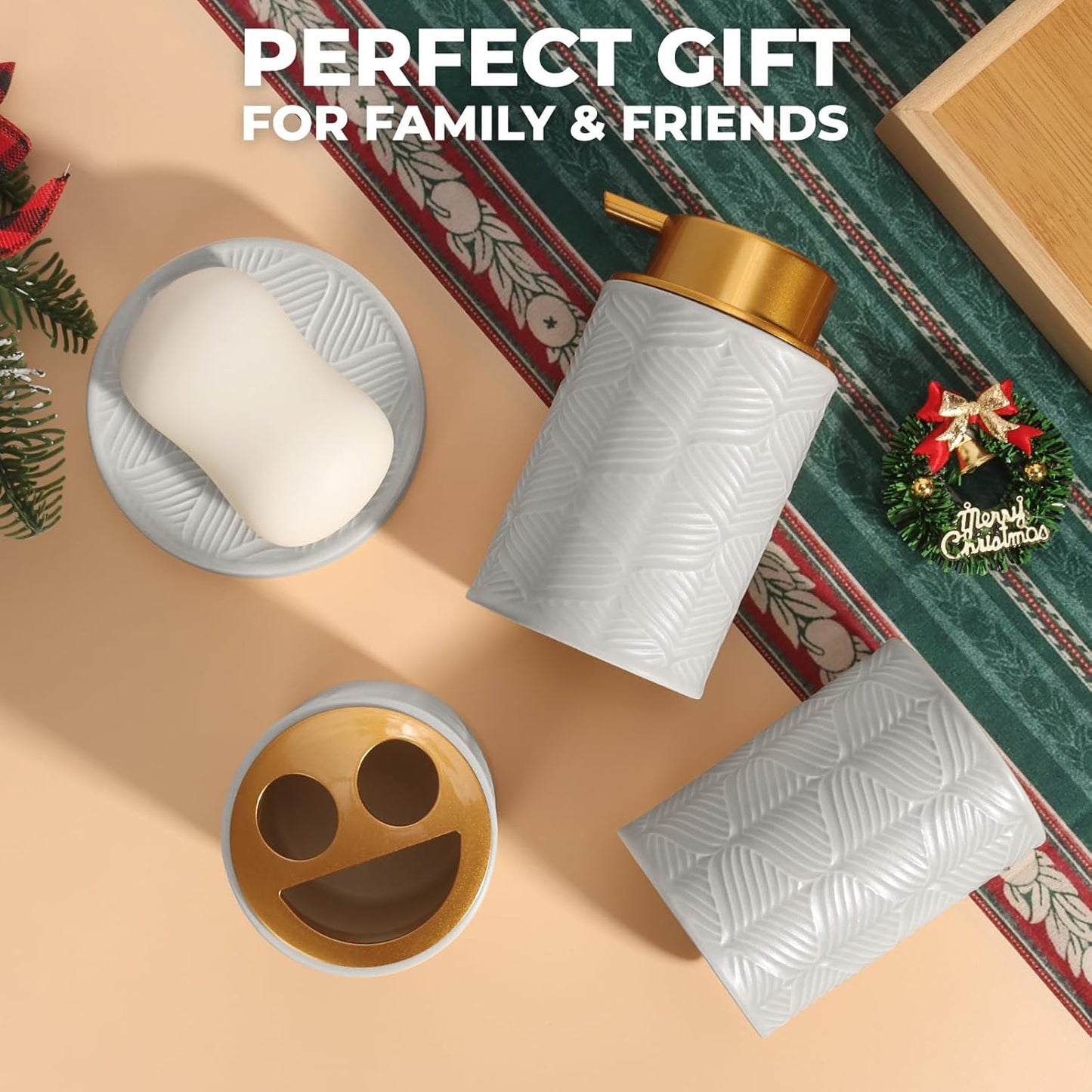 Ceramic Bathroom Accessories Set, 4 Pcs-Includes Lotion Soap Dispenser, Toothbrush Holder, Vanity Tray, and Tumbler, Modern Bathroom Decor Organizer with Soap Dish, Apothecary Jar, Grey Color