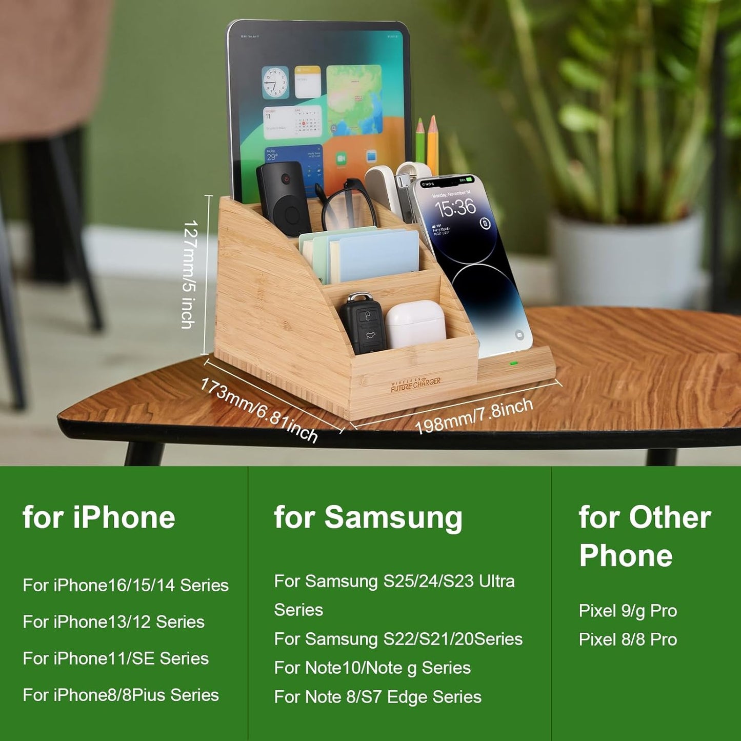 Bamboo Pen Holder for Desk & Nightstand Organizer with Fast Wireless Charging for iPhone, Samsung & More – Office Desk Accessories for Men/Women (Natural)