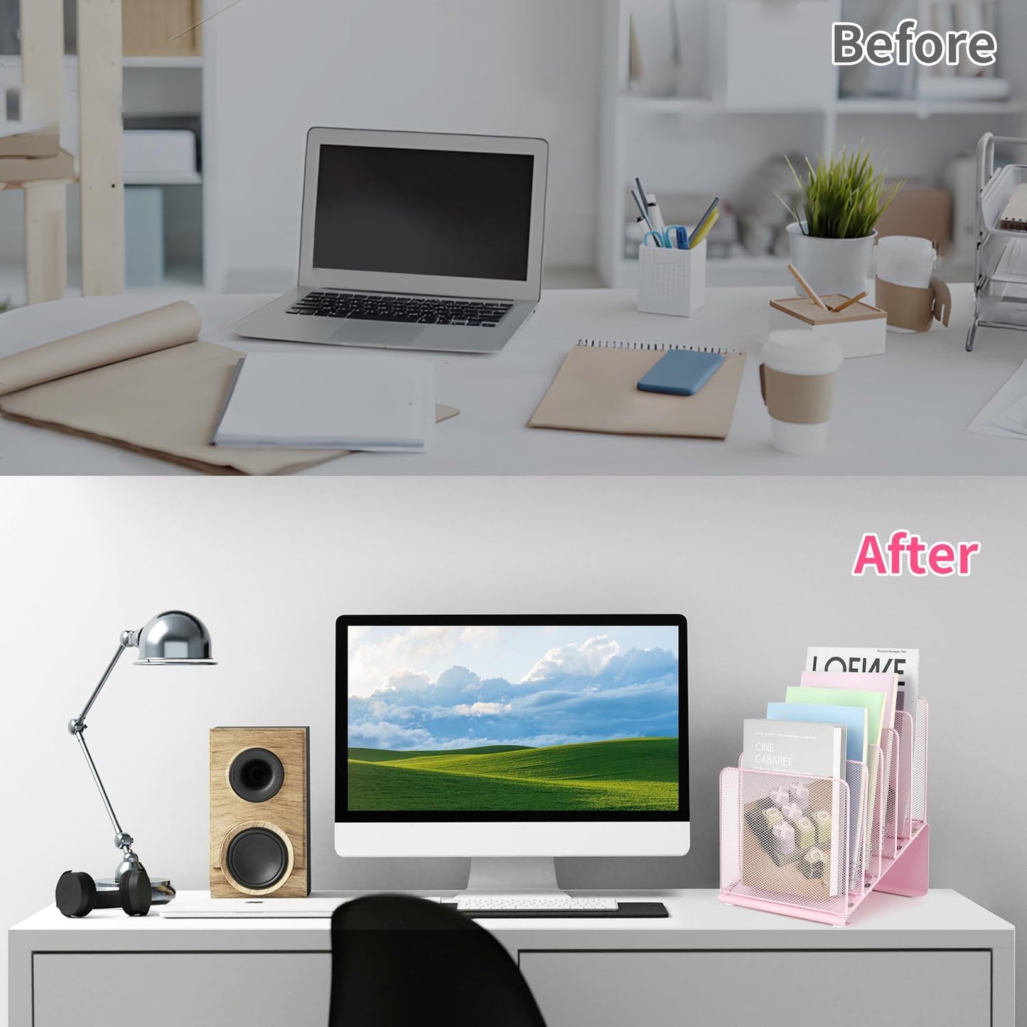 File Organizer for Desk, Desk Organizer with 5-Section Vertical File Rack, File Folder Organizer, Desk Accessories & Workspace Organizers (Pink)