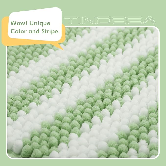 Tindbea Bathroom Rugs Set 2 Piece, Extra Soft and Absorbent Fluffy Striped Chenille Bath Mat Rug Set, Non Slip Bathroom Floor Mat, Machine Washable (20" x 32" Plus 16" x 24", Sage)