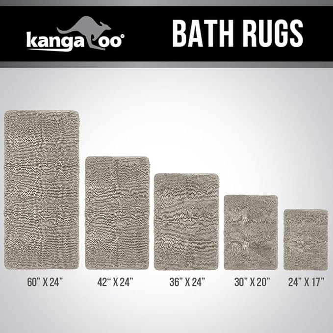 KANGAROO Bathroom Rugs, Chenille Soft Absorbent Bath Rug, Shaggy Shower Mat, Quick Dry Machine Wash Bathmat, Plush Carpet Mats for Tub, Bathtub and Room Home Decor Accessories, 60x24, Beige