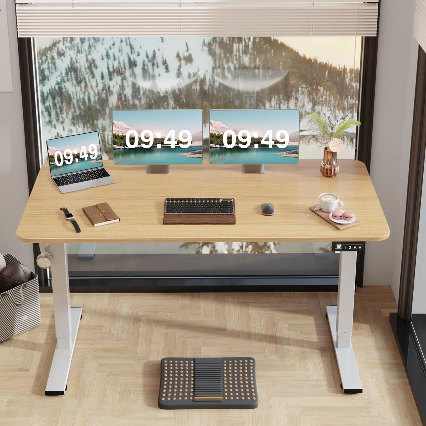 Furmax Electric Height Adjustable Standing Desk Large 55 x 24 Inches Sit Stand up Desk Home Office Computer Desk Memory Preset with T-Shaped Metal Bracket, Light Wood