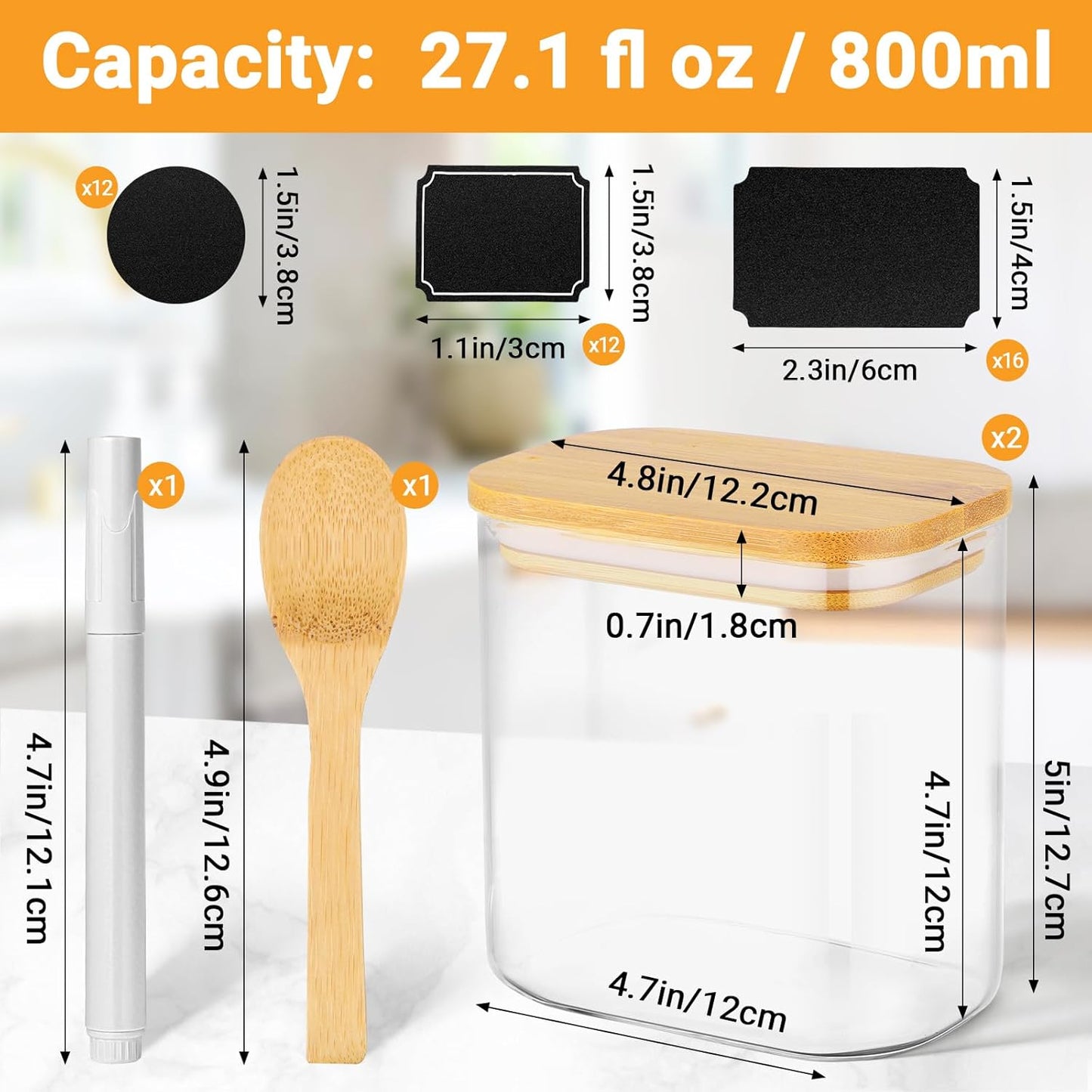 27oz Glass Jars with Lids Set of 2, Rectangle Glass Pantry Storage Containers with Bamboo Lids, Kitchen Cereal Container Clear Food Storage Jars for Sugar, Coffee, Tea, Oat, Candy, Cookie