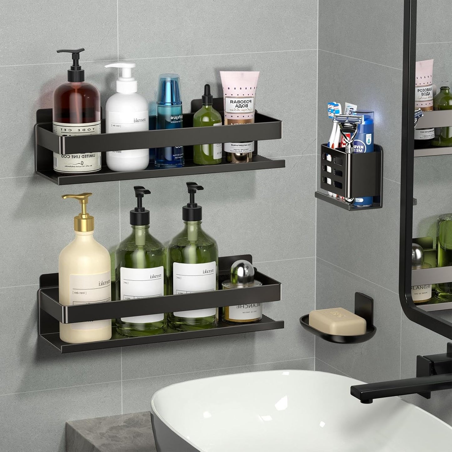 Shower Shelf 4 Pack - Bathroom Shower Shelf Rust-Proof Aluminum Adhesive Installation No Drilling Required, Suitable for Bathroom Storage and Home Decoration