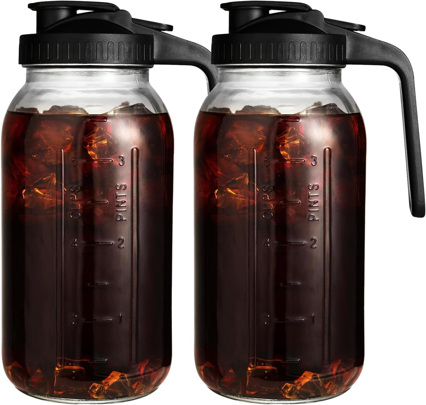 2 Pack 64 oz Glass Pitcher with Lid for Fridge, Half Gallon Pitcher with Lid, Leak Proof, Wide Mouth, 1/2 Gallon Glass Juice Jug for Ice Tea and Coffee (Black)