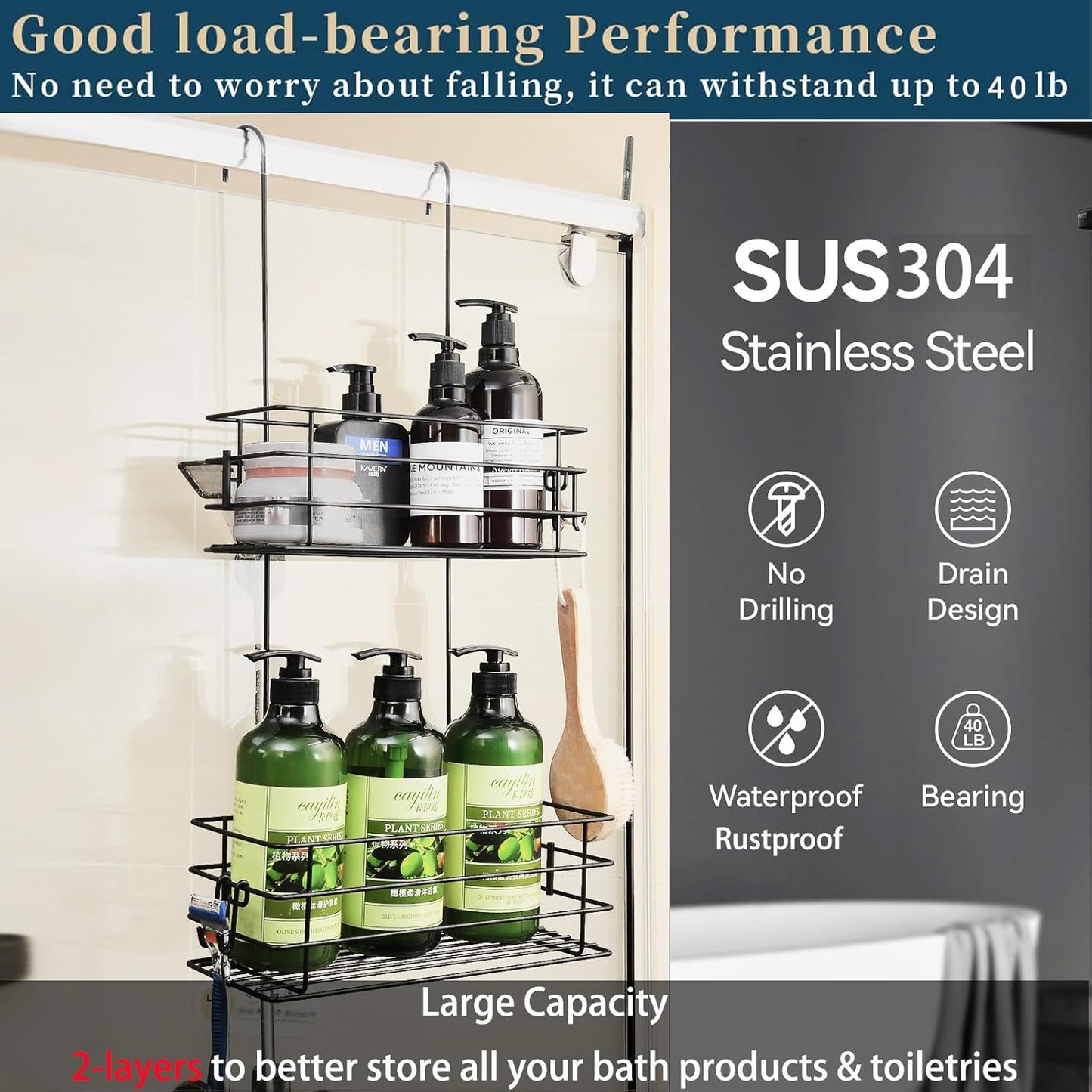 Shower Organizer Hanging Shower Caddy with Rotatable Hook bar Over the Door and Can be Hung on the Faucet or Claw Foot, Stainless Steel Rust Proof and Durable （Black）