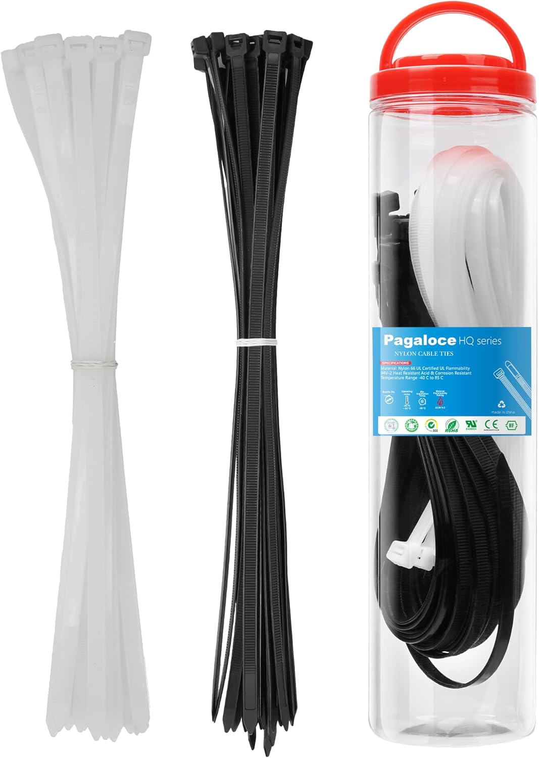 50 Pack Zip Cable Ties (Black and White, Each 25pcs), 14 Inch Self-Locking Nylon Zip Ties, Cable Cord Management, Plastic Wire Ties, Size: 7.2mm*380mm, UV Resistant, UL Listed, for Indoor and Outdoor
