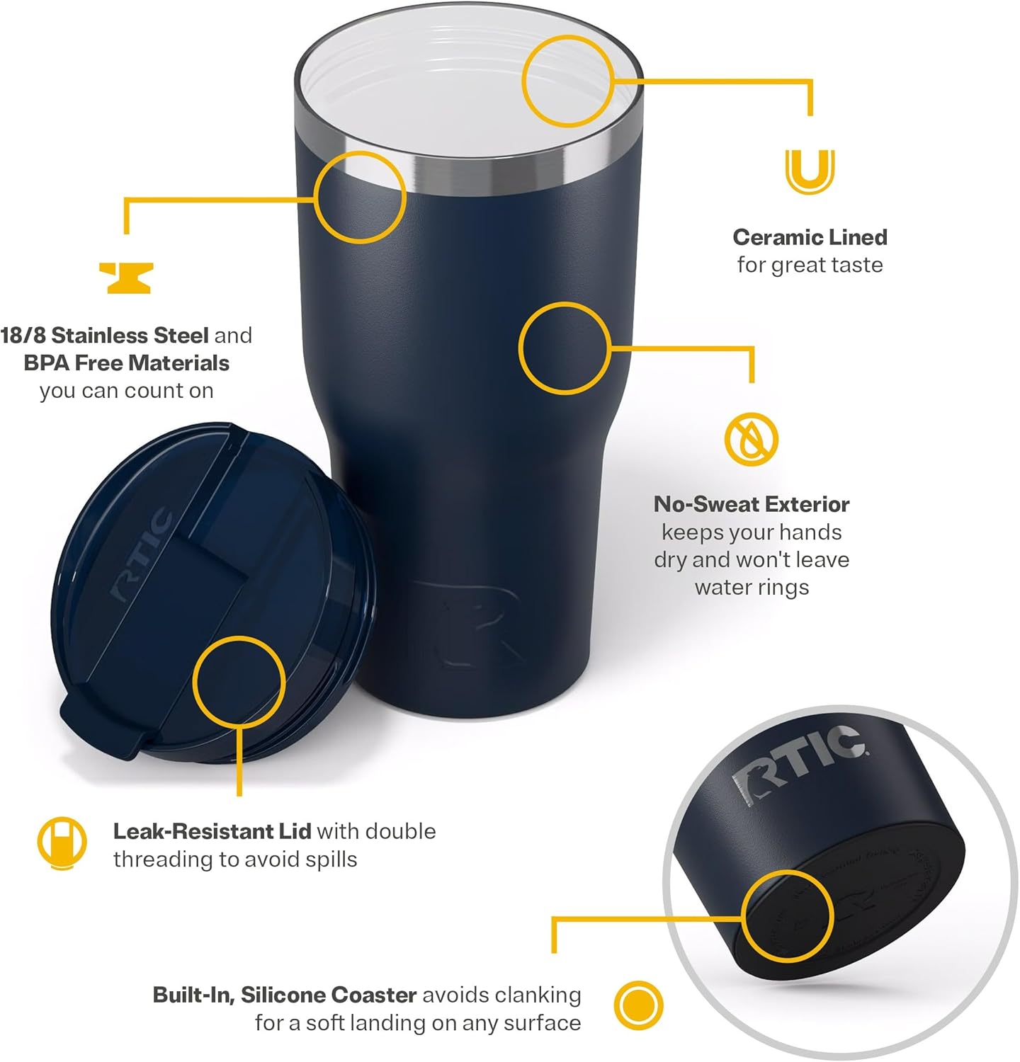 RTIC 30oz Essential Tumbler with Lid, Ceramic Lined, Insulated, Stainless Steel, Metal, Double Wall Vacuum-Insulation, Travel Cup for Iced Coffee, Tea, Hot and Cold Drink, Navy