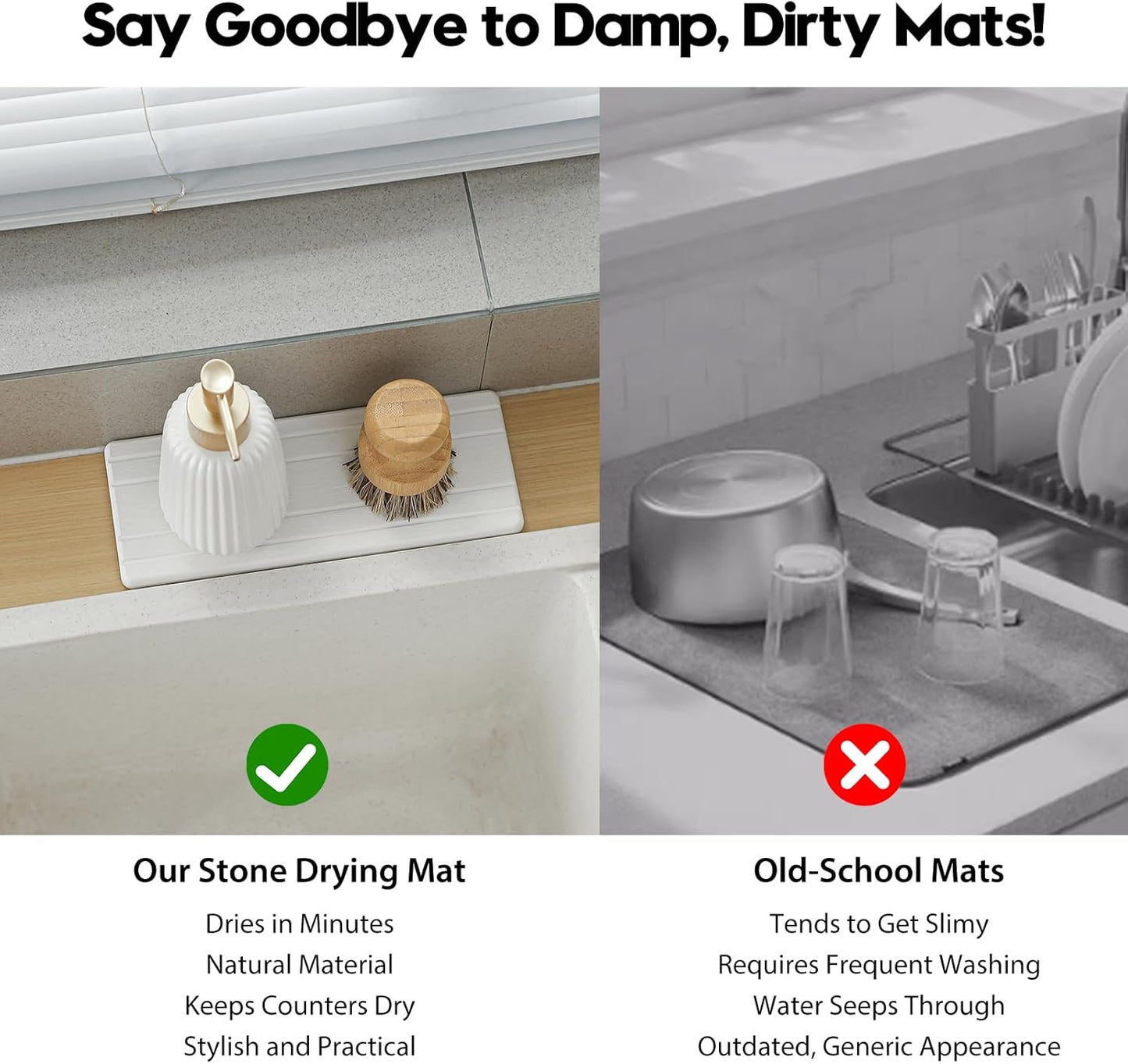 3 Pack Stone Dryin Tray, Water Absorbing Diatomite Stone Sink Mat for Kitchen & Bathroom Counter, Soap Dish Vanity Caddy,Sponge Holder Organizer, White - 2pcs of 4.5"x 3.5" and 1pc of 9"x 3.5"