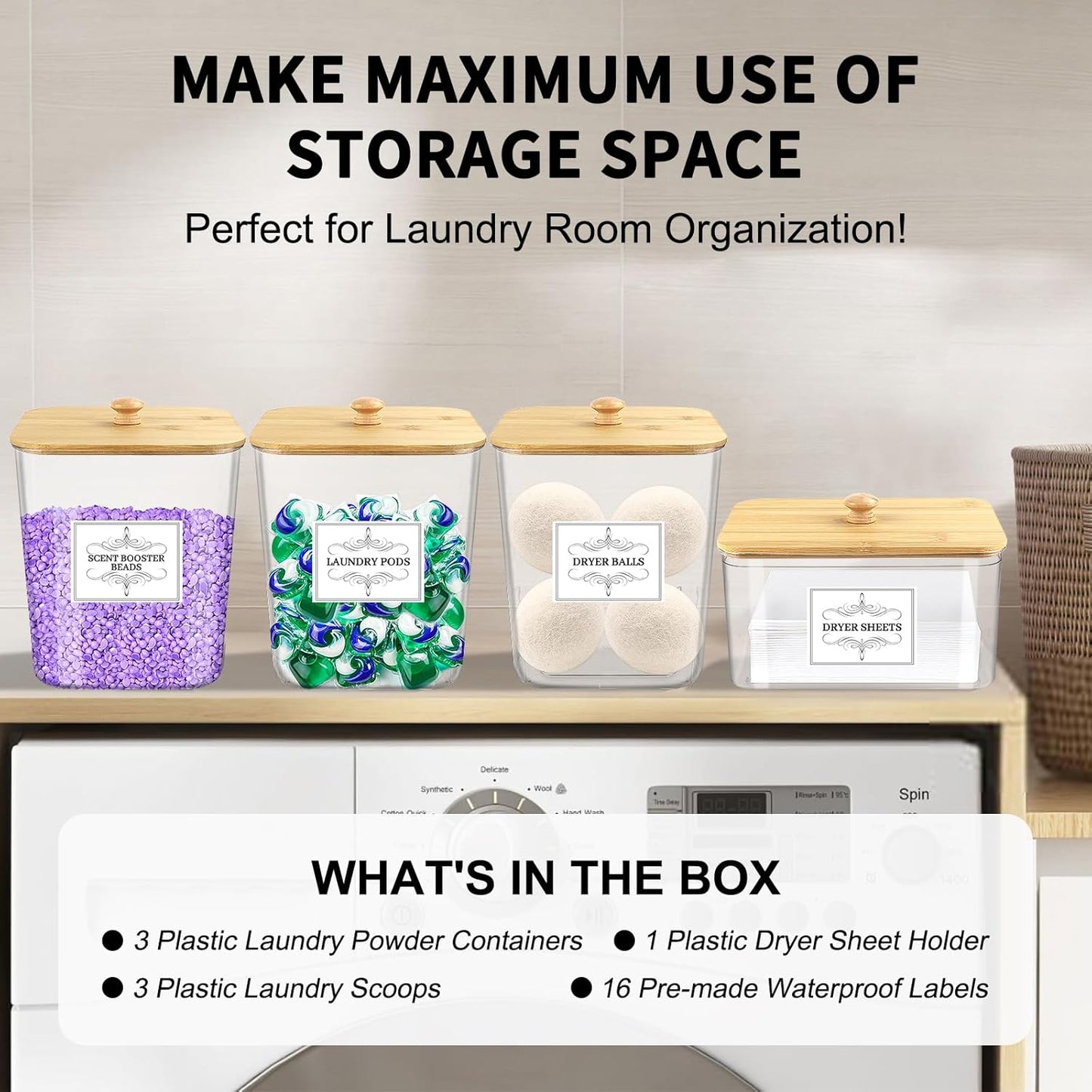 4PCS Laundry Pods Container, Clear Laundry Room Organization and Storage with Bamboo Lids, 3 Premium Scoops & Labels – Ideal for Scent Booster Beads, Dryer Balls, Sheets & Powder