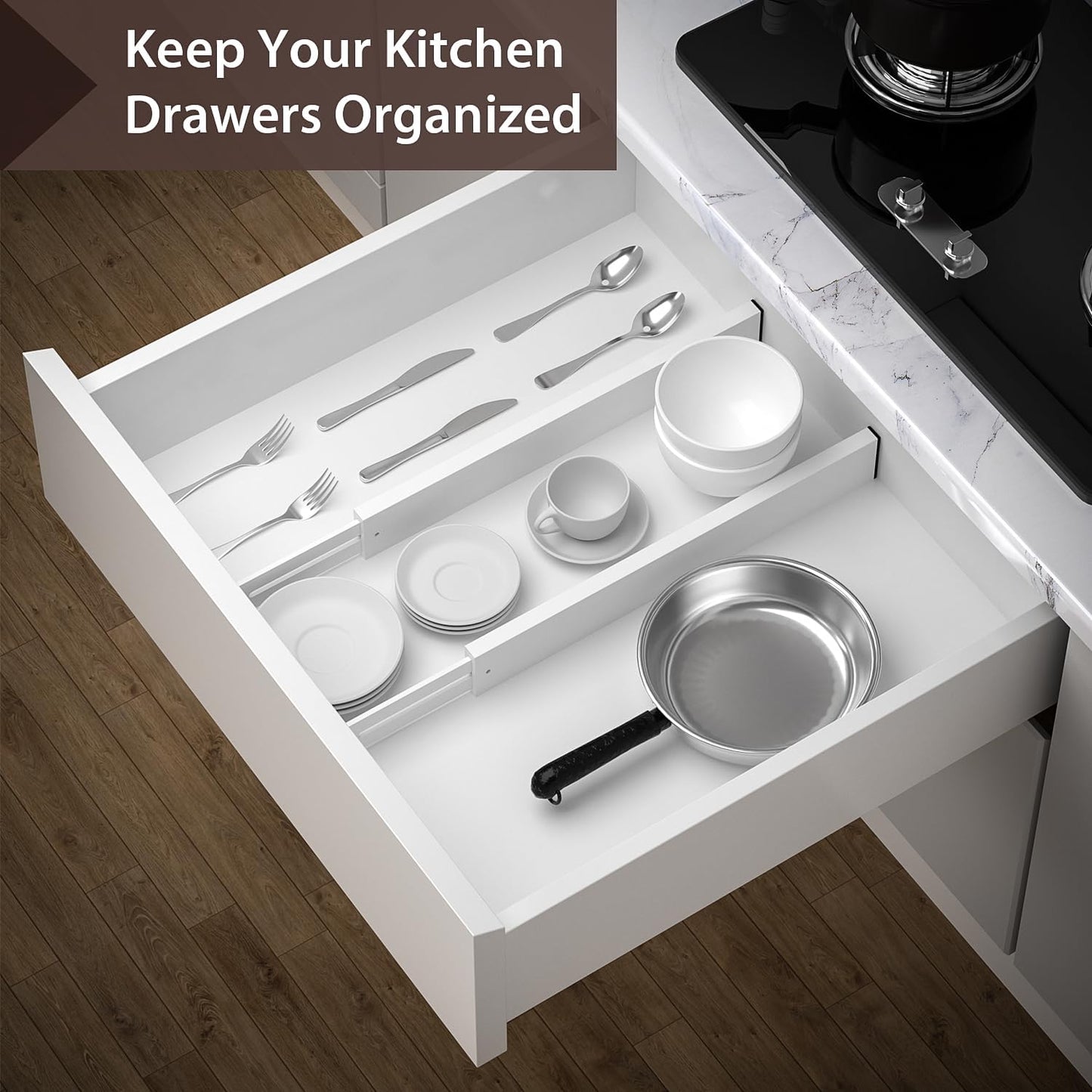 4 PCS Drawer Divider, 17"-22" Adjustable Bamboo Drawer Dividers Organizers, Expandable Separators for Kitchen, Clothes, Dressers, Home, Office, White