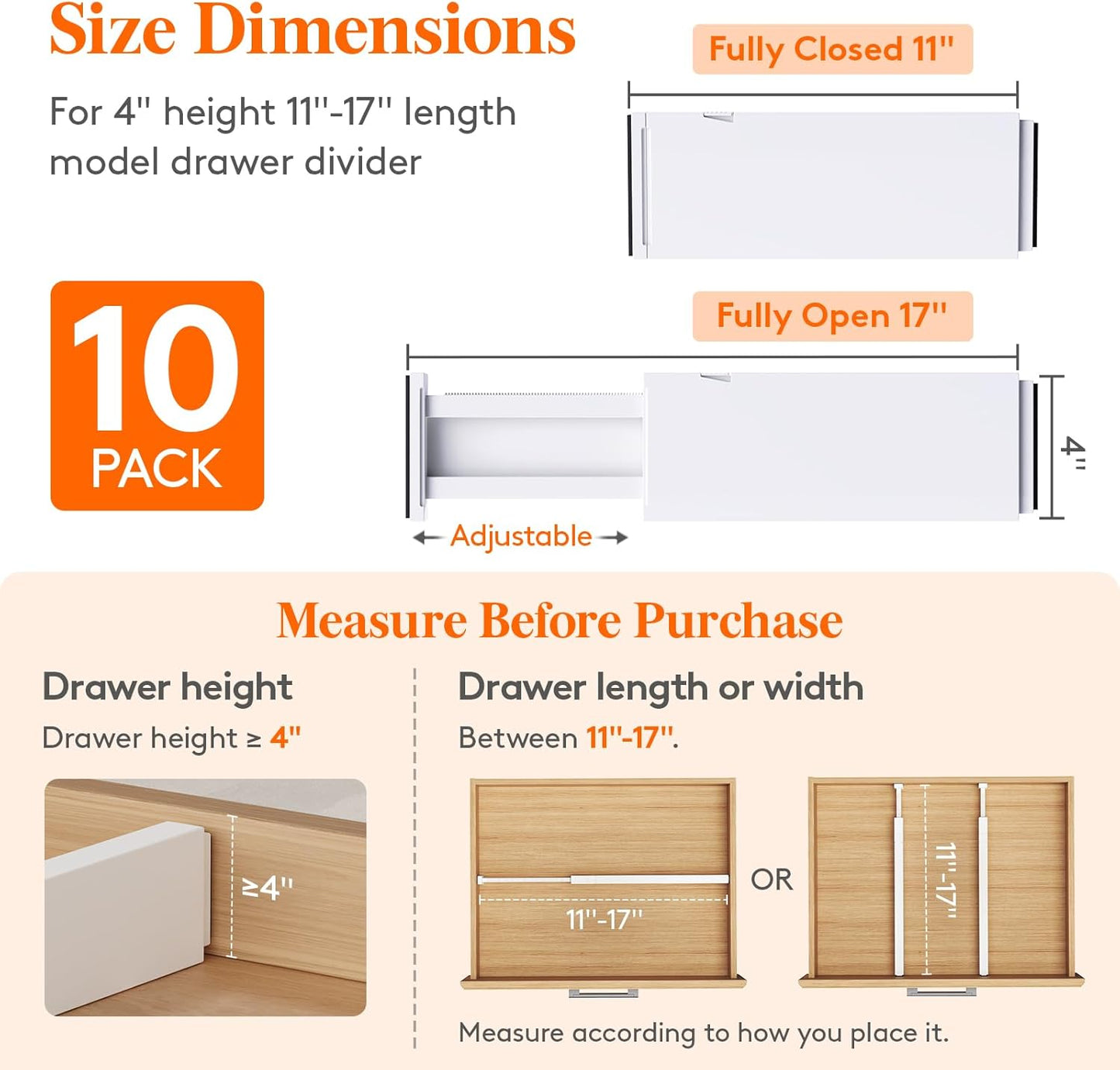 Lifewit 10 Pack Drawer Dividers 4" High,11-17" Adjustable Dresser Drawer Organizers for Clothes, Expandable Dresser Separators in Bedroom/Bathroom/Kitchen/Vanity/Office Organization and Storage, White