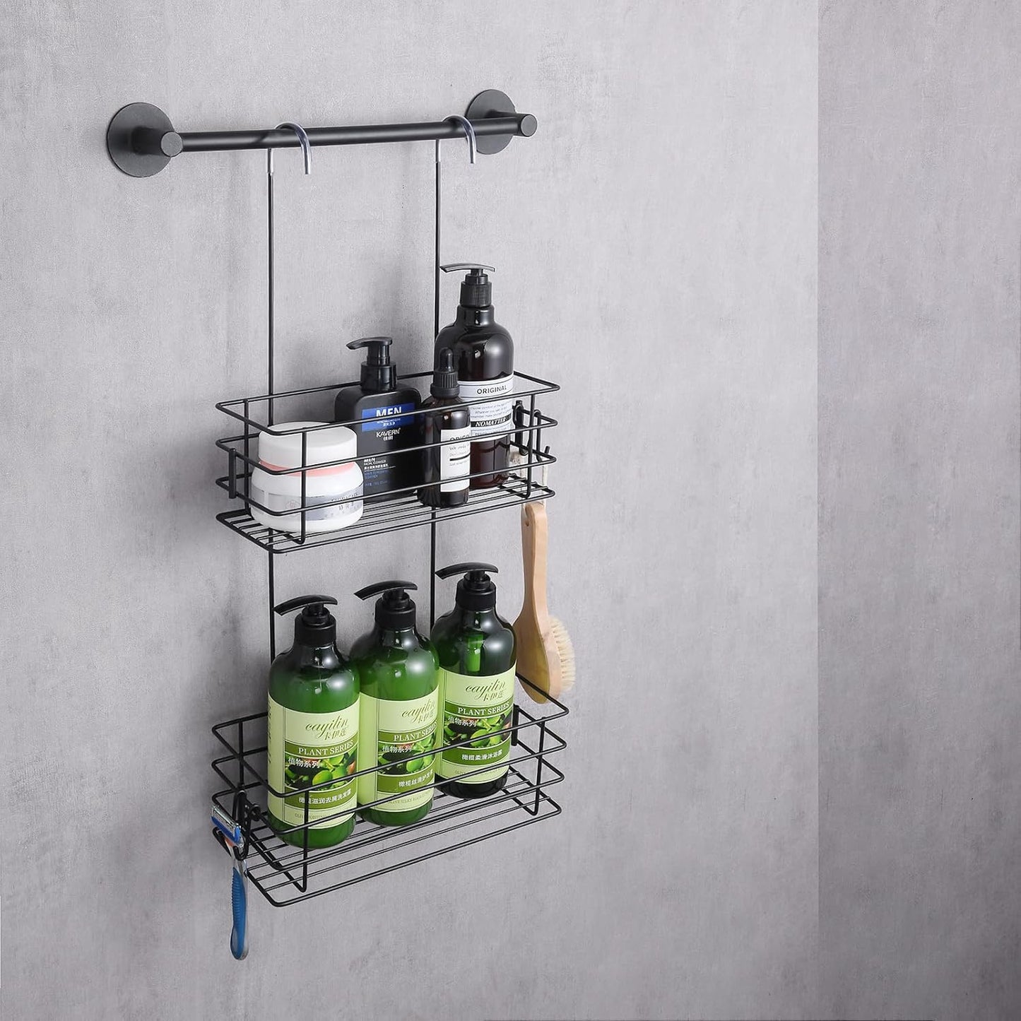 Shower Organizer Hanging Shower Caddy with Rotatable Hook bar Over the Door and Can be Hung on the Faucet or Claw Foot, Stainless Steel Rust Proof and Durable （Black）