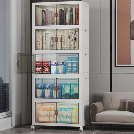 Extra Large Stackable Storage Bins with Lids & Wheels & Door, 260QT-52QT/13GAL*5Pack Foldable Collapsible Closet Organizers, Plastic containers drawers for bedroom Dorm