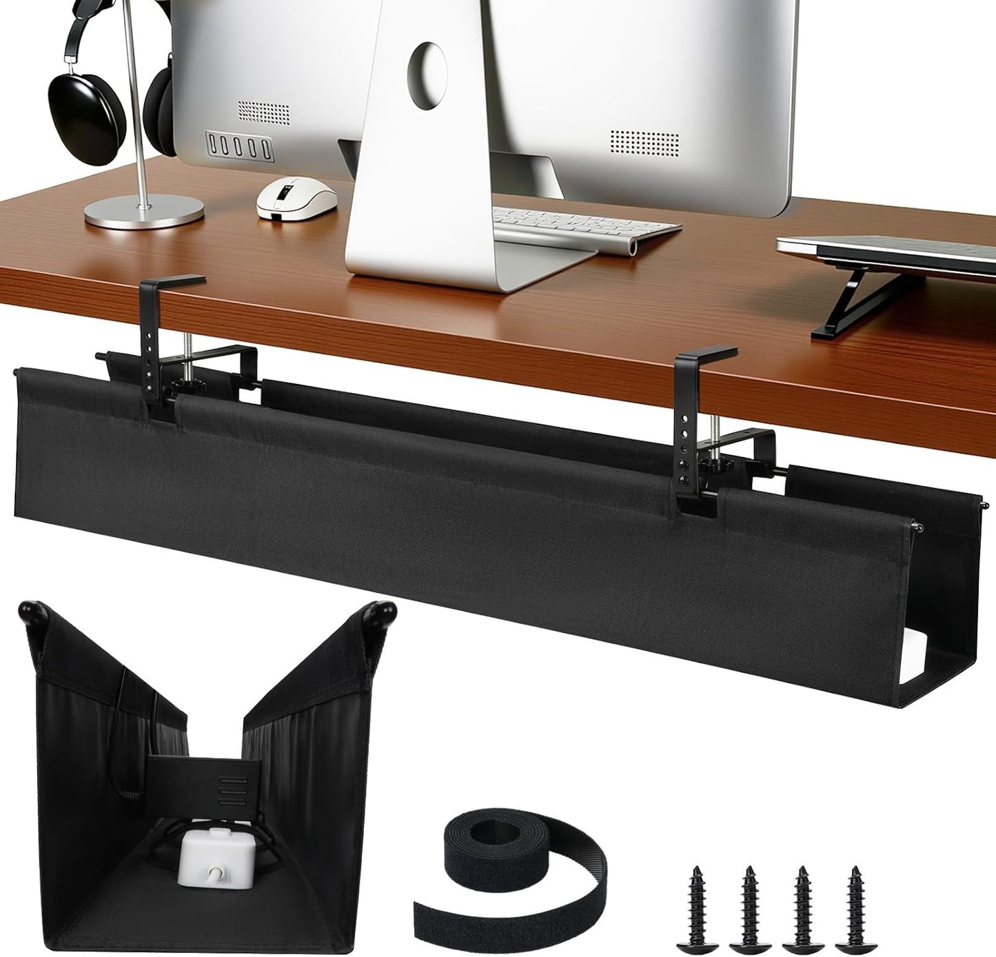 SHUWEI No Drill Under Desk Cable Management Tray, 36" Premium Fabric Cord Organizer for Desk, Clamp/Screw Mount Cable Organizer for Office and Home (Black, 36" L)