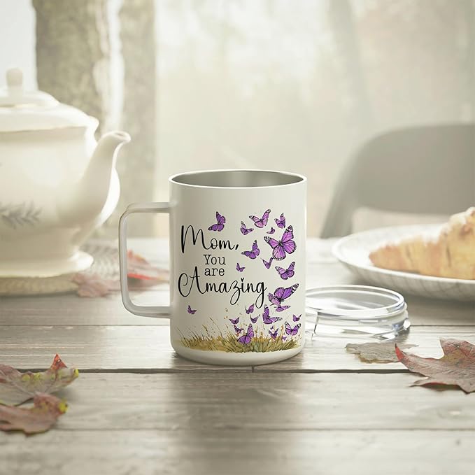 Hyturtle Mom Mug With Lid & Spoon Gifts from Daughter, 12oz Insulated Stainless Steel, Christmas Birthday Gifts for Mom Mother, Unique Purple Butterfly Gifts For Women Gift Coffee Tea Travel Cup