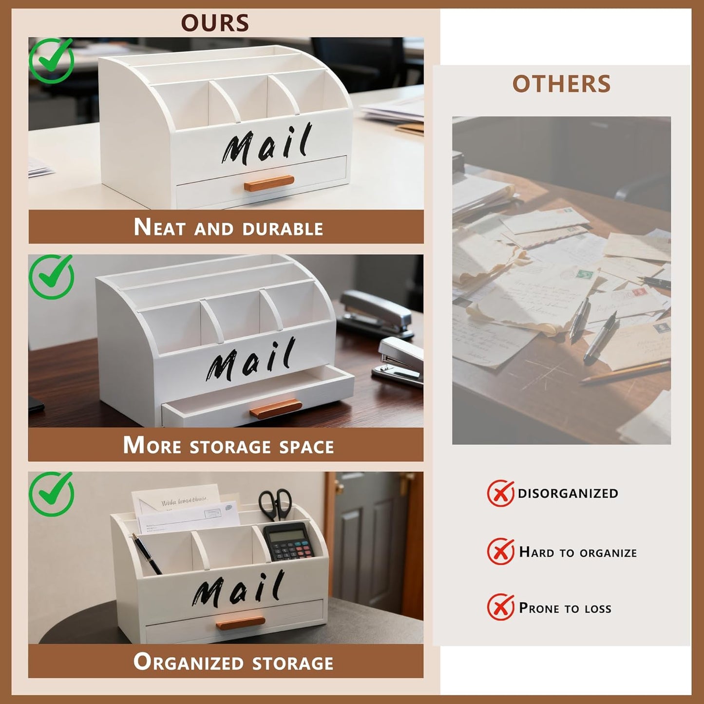 goprety Mail Organizer for Desk - Countertop Bill Holder with File Storage, Wooden Desktop with Drawers - Home & Office Mail Management System