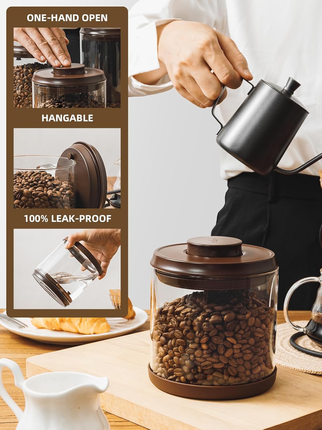 Airtight Coffee Canister, 13 oz Borosilicate Glass Coffee Bean Storage Container with Pop Lid, CO2 Releasing Valve for Grounds Coffee, Beans, Sugar, 0.81lb