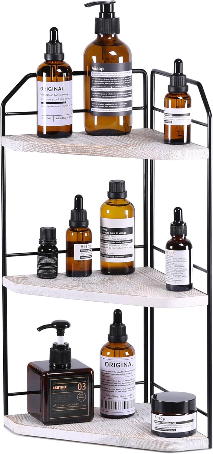 Corner Bathroom Counter Organizer - 3 Tier Wood Vanity Counter Shelf Perfume Skincare Holder, Countertop Corner Shelf Organizer for Bathroom, Kitchen, Rustic White