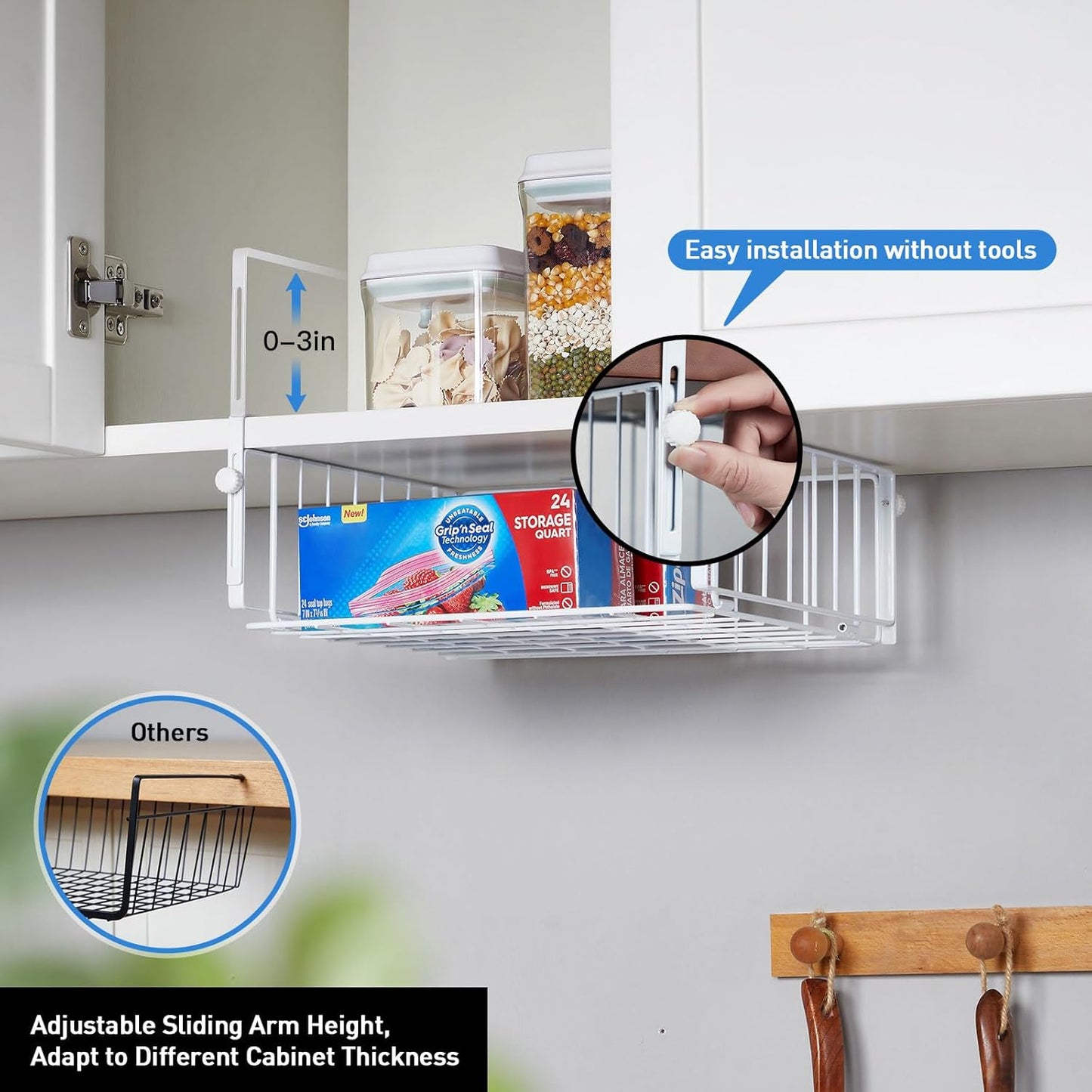 2 Pack Hanging Under Shelf Storage Basket,Adjustable Under Cabinet Add-on Storage Racks Slide-in Baskets Organizer for Laundry Room Kitchen Pantry Desk Bookshelf, White