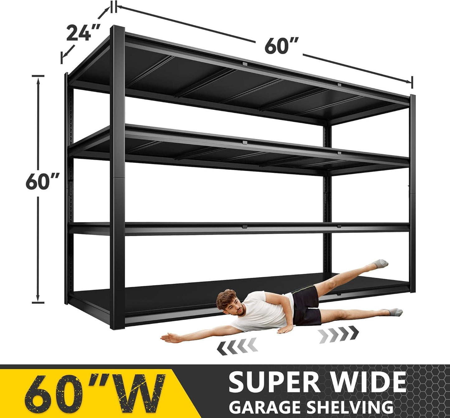 REIBII 60" W Garage Storage Shelves 2650LBS Metal Shelving, Garage Shelves Heavy Duty Shelving, 4 Tier Industrial Adjustable Shelf for Warehouse, Basement, Pantry, 60" W x 24" D x 60" H