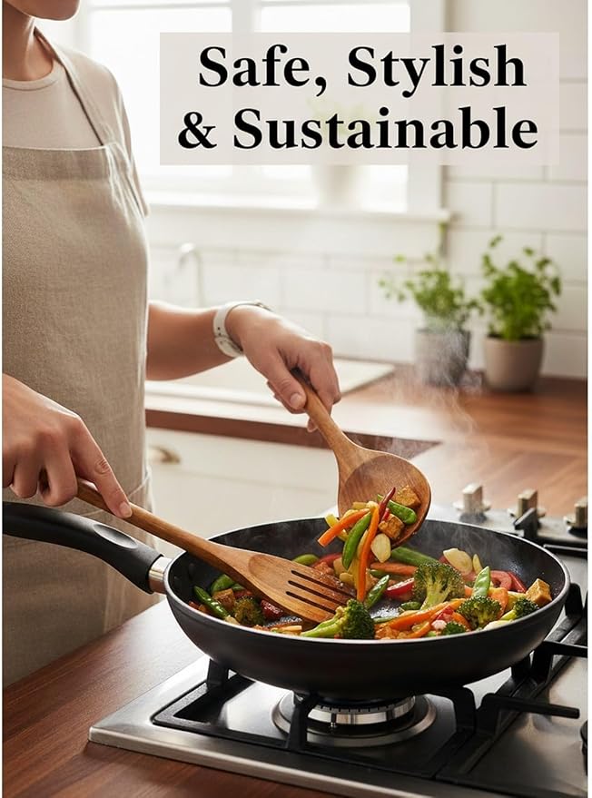 100% Natural Teak Wood Wooden Utensil Set – 6 Pcs Durable Kitchen Spoons for Cooking – Non-Stick & Heat Resistant, Eco-Friendly & Comfortable Grip