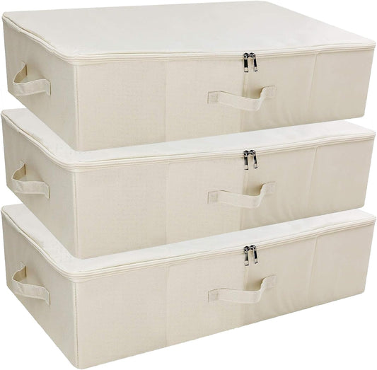 iwill CREATE PRO 3Pcs Collapsible Rigid Underbed Storage Bins, 27.5 * 15.7 * 7", Folding Fabric Storage Boxes for Clothing, Blankets, Shoes in Closet, Wardrobe, Beige