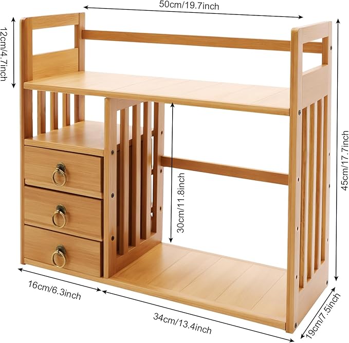 Bamboo Desk Shelves with 3 Drawers Office Desktop Storage Rack Desk Top Document Storage Organizer Rectangular Desktop File Holder Open Design for Office Home School 19.7 * 7.5 * 17.7in