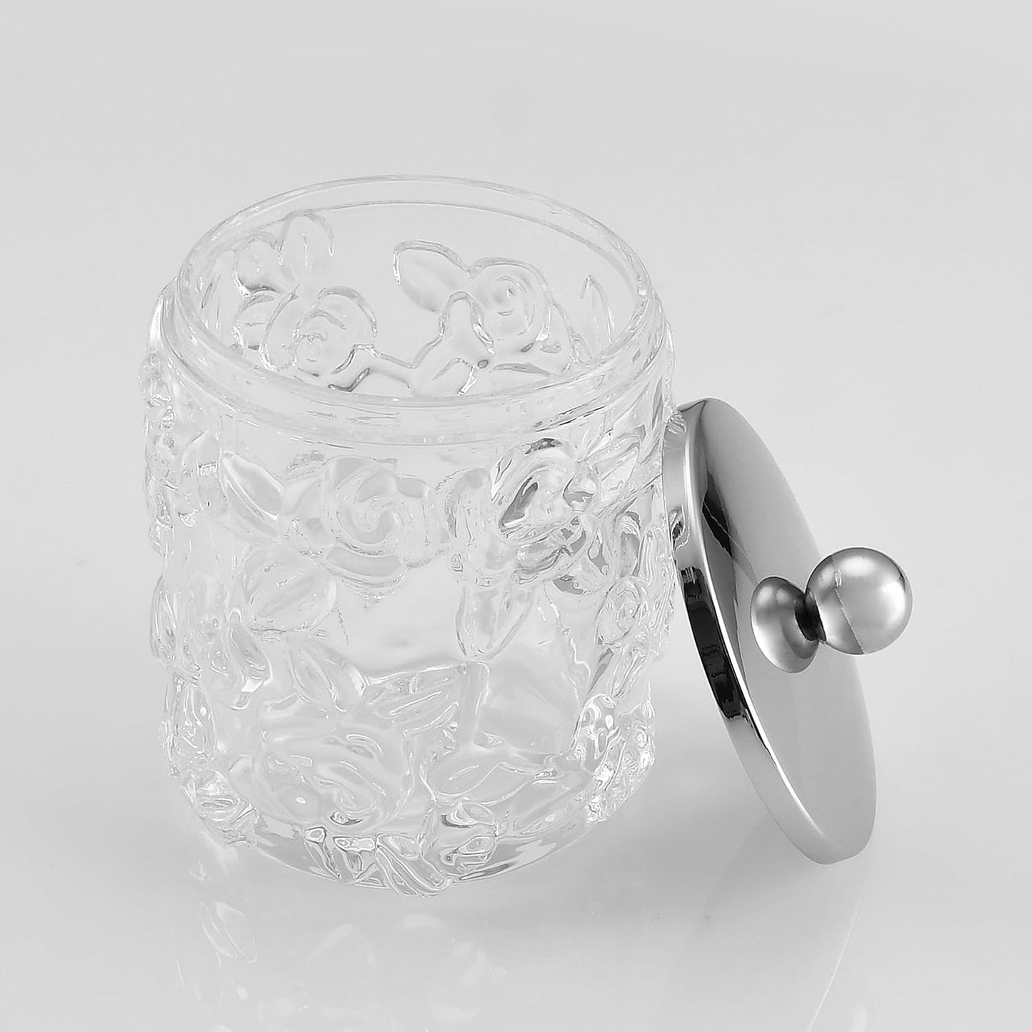 Clear Transparent Apothecary Floral Embossed Glass Jar With Silver/Chrome Metal Lid Cover for Bathroom Organization, Cotton Balls, Q Tips, and Small Accessories, Bathroom Storage