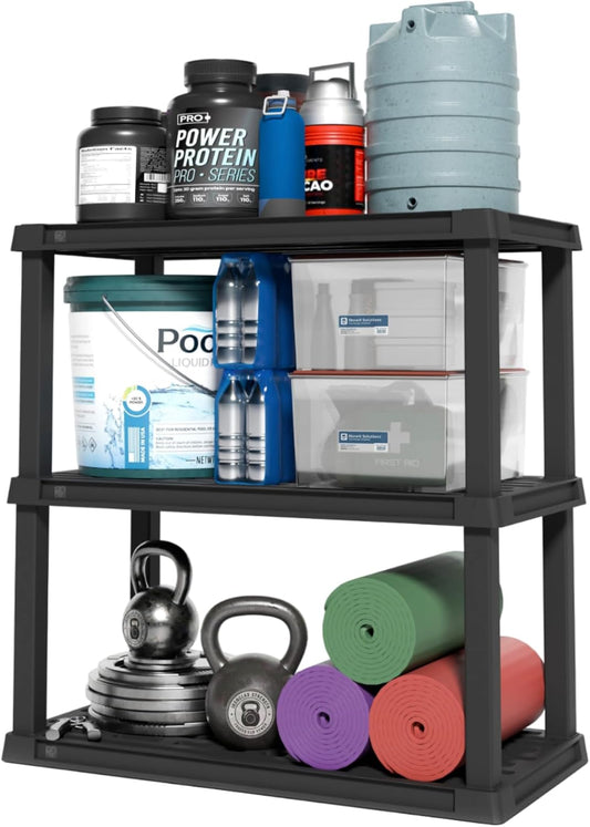 IRIS USA 3-Shelf Heavy Duty Plastic Storage Shelves, 450lb Capacity, 38"H x 36"W x 18"D, Large Modular Shelving Unit Storage Organizer for Garage, Home, Warehouse & Gym, Storage Rack - Black