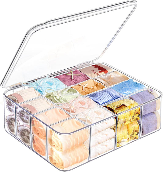 Sock Underwear Organizer, 16 Compartment Adjustable Dividers Bras Socks Underwear Drawer Organizers for Closet, Clear Plastic Storage Containers Box with Lids for Ties Bra Scarf Socks