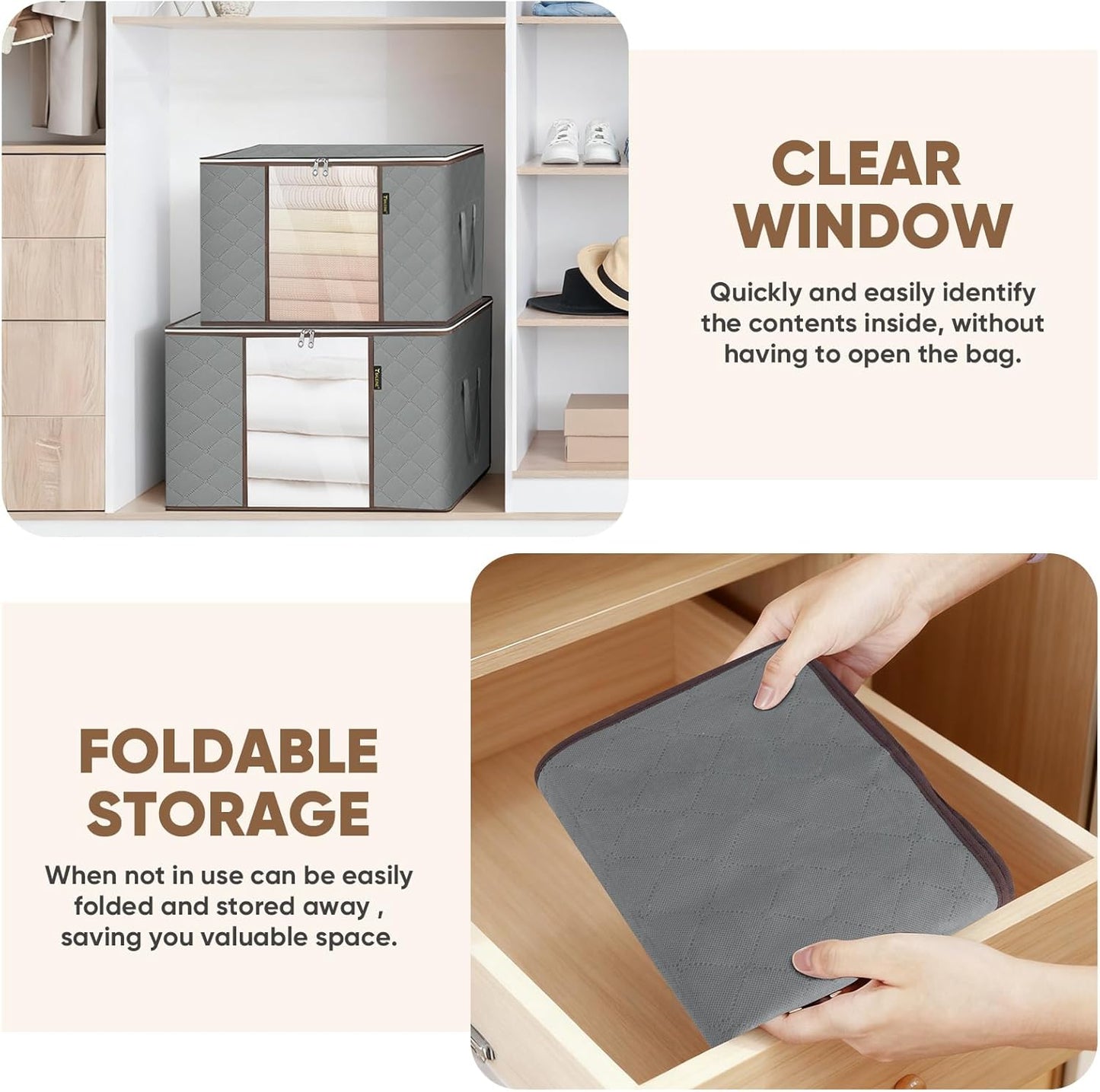 BALEINE 3 Pack Clothes Storage Bags, 16 Gallon Storage Containers with Reinforced Handle, Sturdy Zipper, Closet Organizer for Blanket, Comforter, Pillow, Bedding (Grey, 3 Pack)