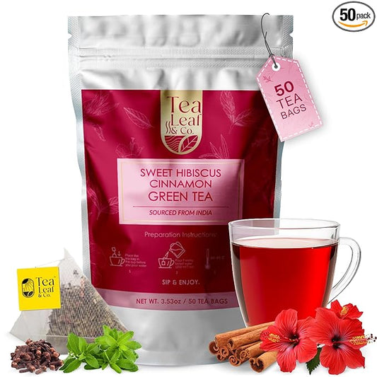 Sweet Hibiscus Cinnamon Green Tea Bags (50 Count), Caffeinated, Real and Natural, Blended with Fresh Herbs and Spices, Gluten Free