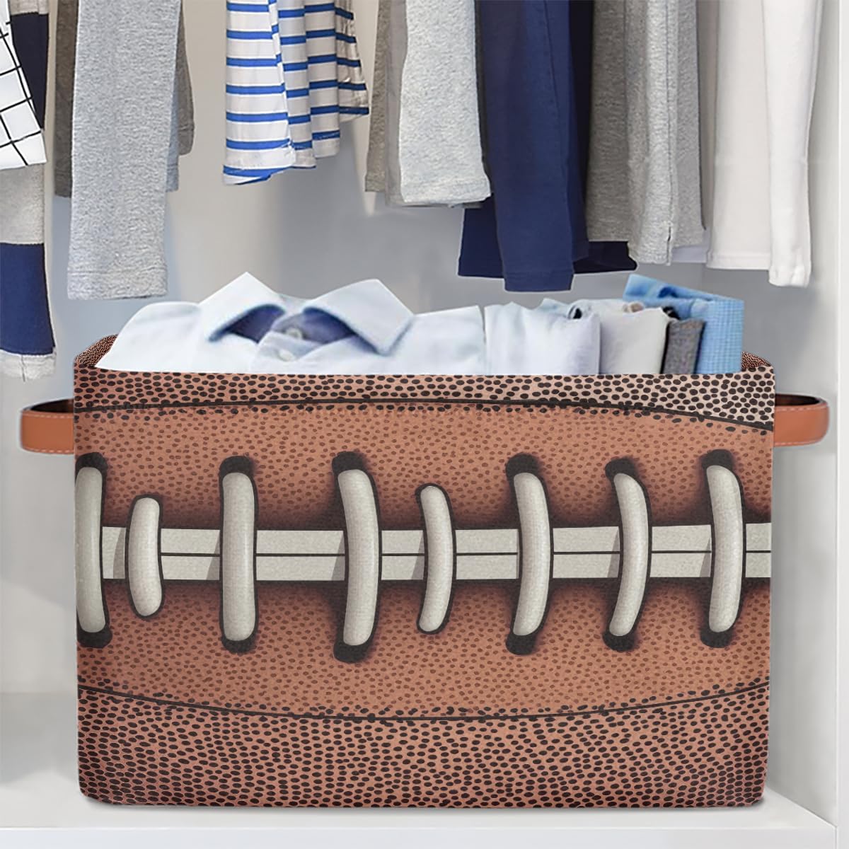 American Football Storage Basket for Shelves, Storage Bins with Handles, Collapsible Basket for Organizing, Closet Toy Baskets for Nursery Room, 15x11x9.5 in, Canvas, Retro Football