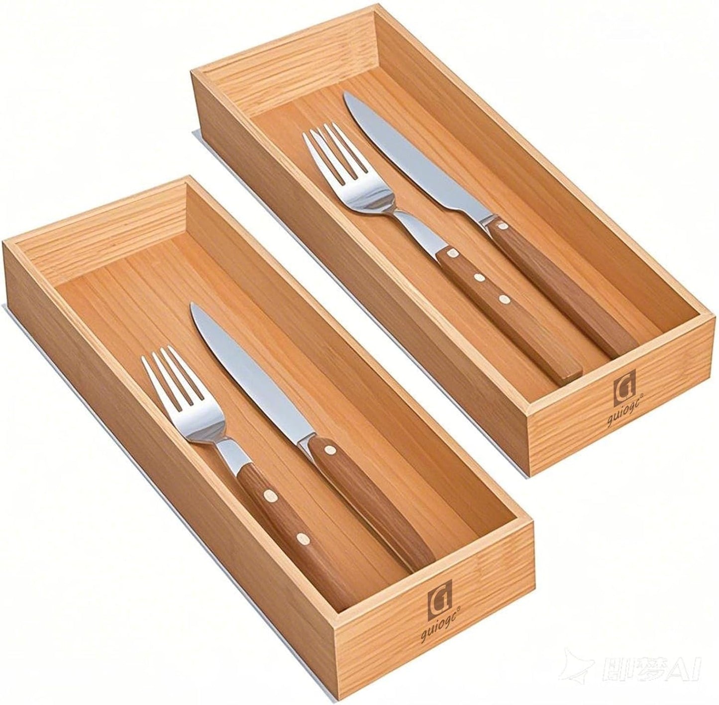 Bamboo Drawer Organizer, Utensil Organizer for Kitchen, Bamboo Storage Box Wood Silverware Tray for Drawer Set of 2