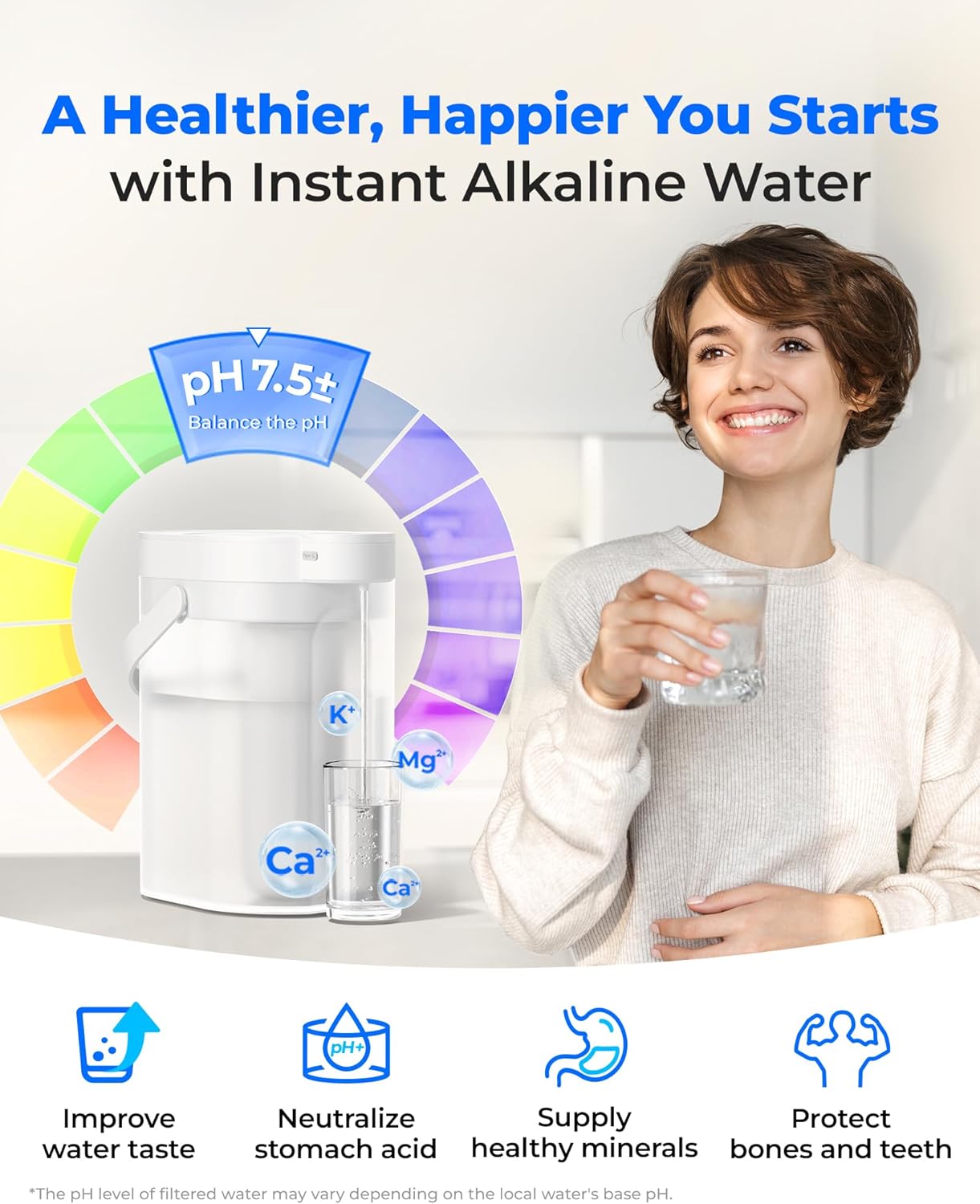 Waterdrop Alkaline Rechargeable Water Filter Dispenser, 6-Stage Instant Electric Powerful Pitcher, Healthy Mineralized Alkaline Water, 15-Cup Portable Countertop System, Does not Lower TDS