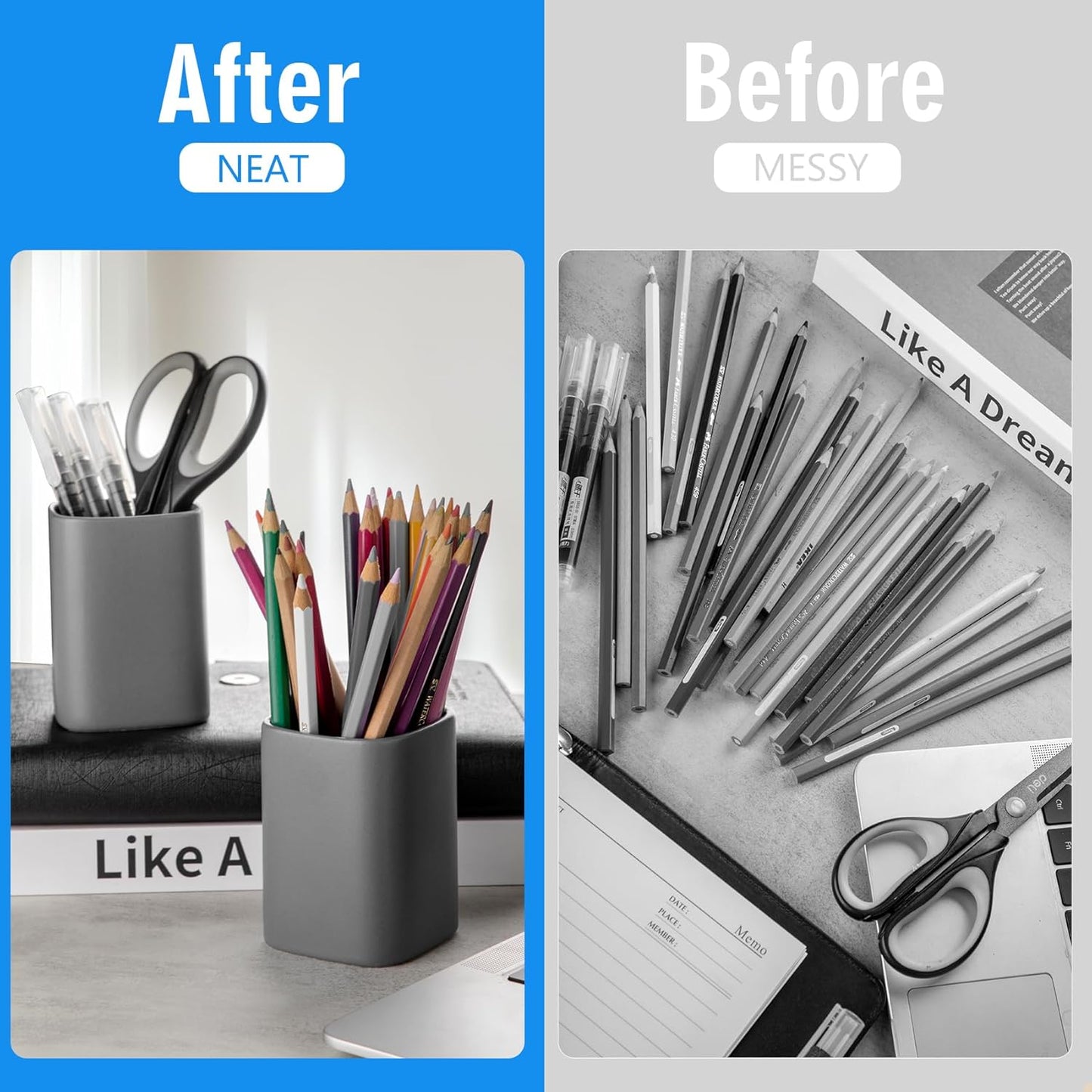 Pen Holder, 2 Pack Pencil Holder for Desk ,Ceramic Pencil Cup Desk Organizer, Makeup Brush Holder Cute, Stationery Accessories for Office, School, Home (Matte gray)