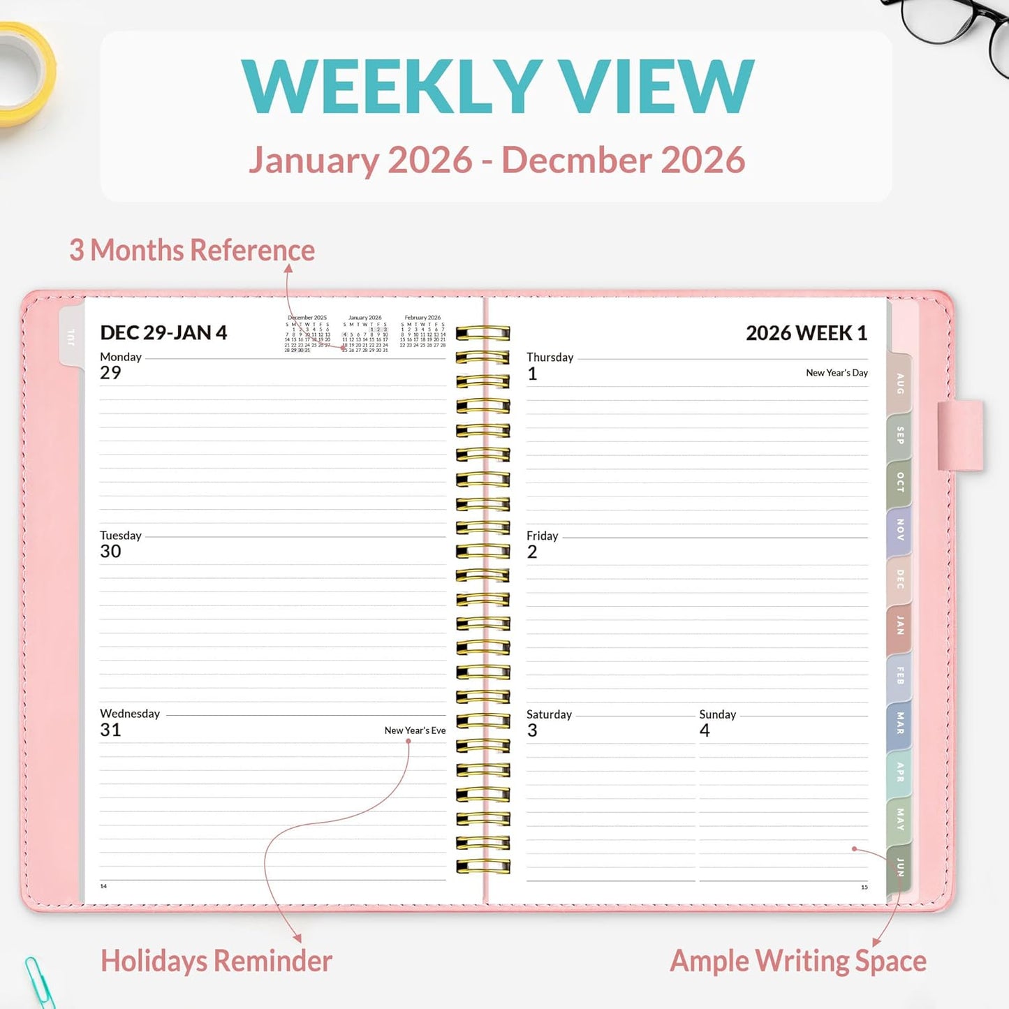 SUNEE 2026 Weekly & Monthly Planner 6.4"x8.5"- 12 Month (January 2026 - December 2026), Vegan Leather Cover, Pocket, Bookmark, Notes, Monthly Tab, Peach Pink