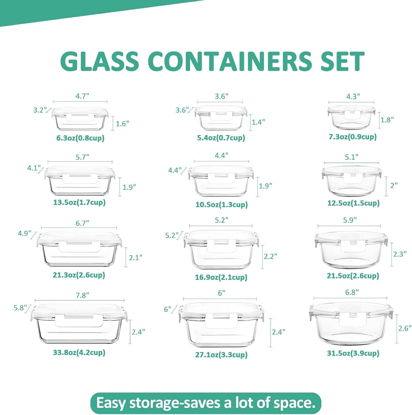 KOMUEE 24 Pieces Glass Food Storage Containers Set,Glass Meal Prep Containers-Stackable Airtight Glass Storage Containers with lids,Freezer, Microwave, Oven Safe,White