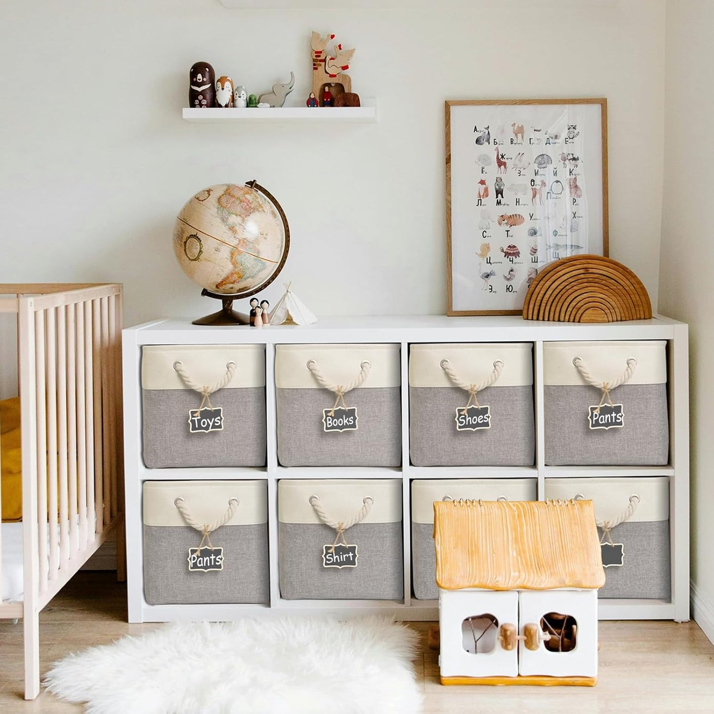 12x12 storage cube bins[6 Pack],Fabric Storage Cubes with Rope Handles, Eco-Friendly Linen Collapsible Organizers for Closet, Nursery, Toys, Office, Bathroom – Dual Color Design.(White&Grey)