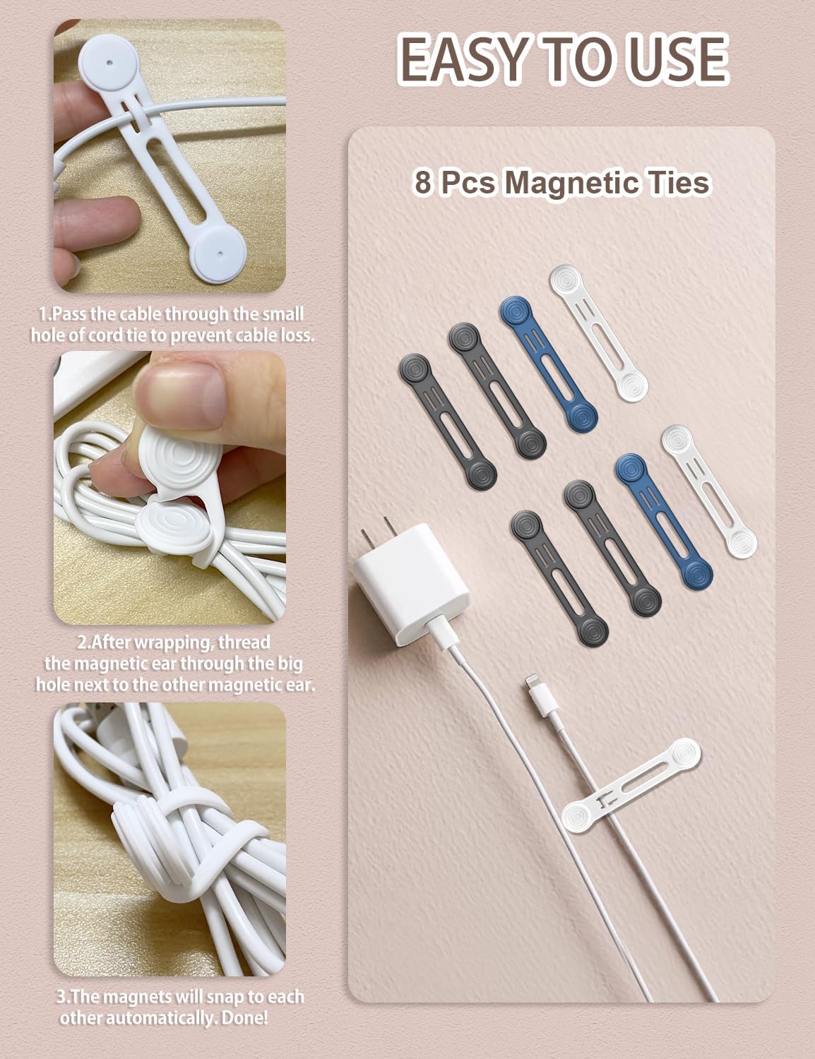 Kanemc 8 Pack Magnetic Twist Ties, Silicone Magnet Cable Tie Reusable Cord Strap For USB Earphone Charger Video Game Cables (2White+4Gray+2Blue)